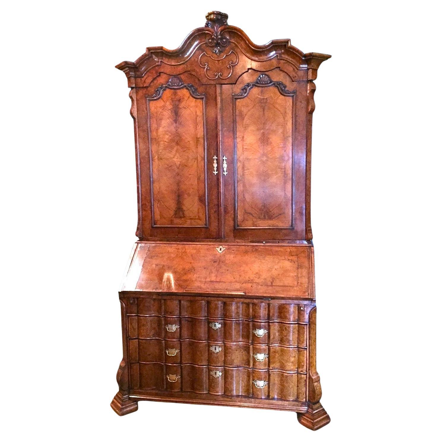18th Century Dutch Burl Walnut Secretary Cabinet Scriban Desk Library Antique LA