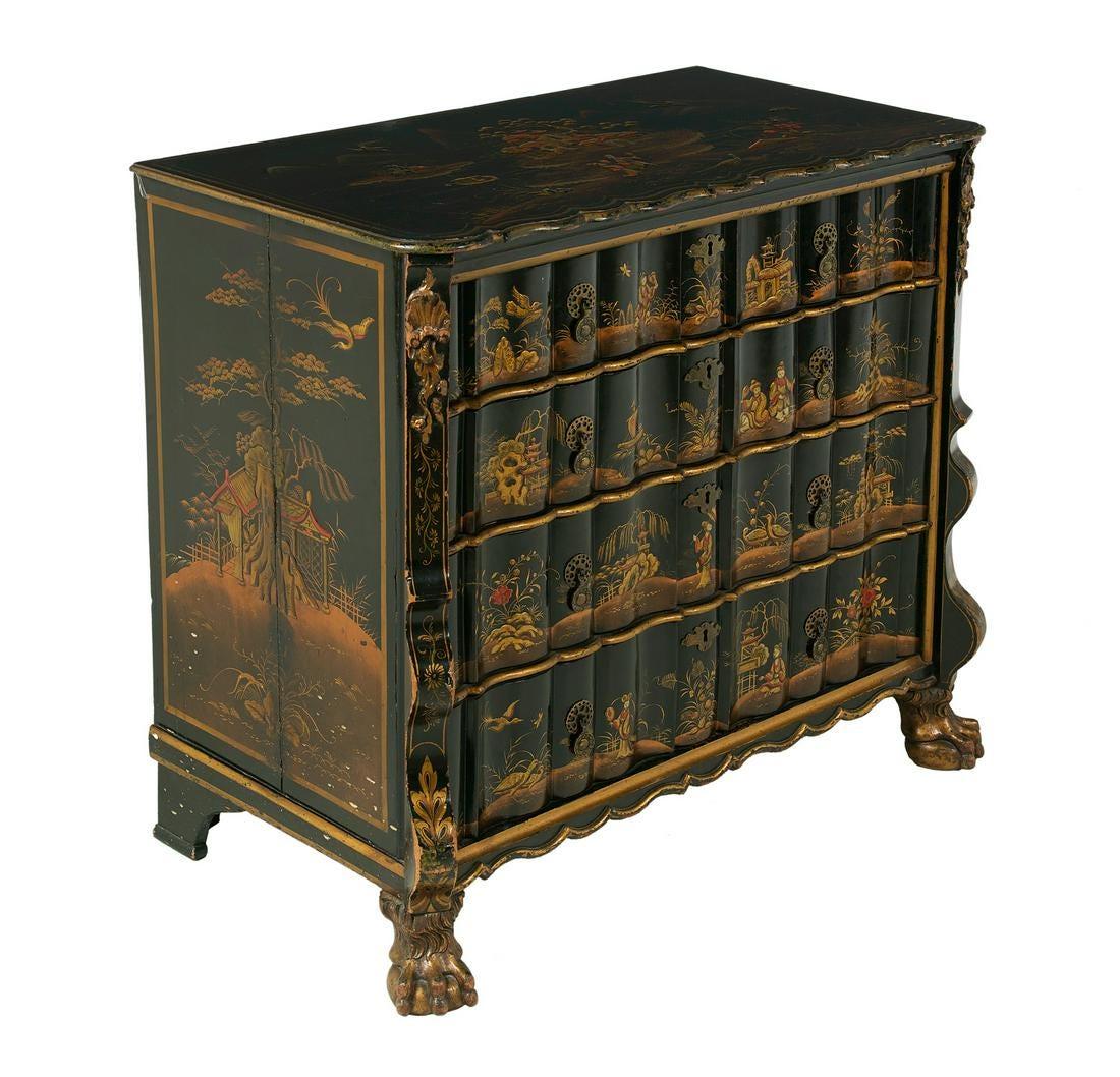 Fine 18th century Dutch Chinoiserie decorated chest of drawers with parcel gilt carved pawed feet.