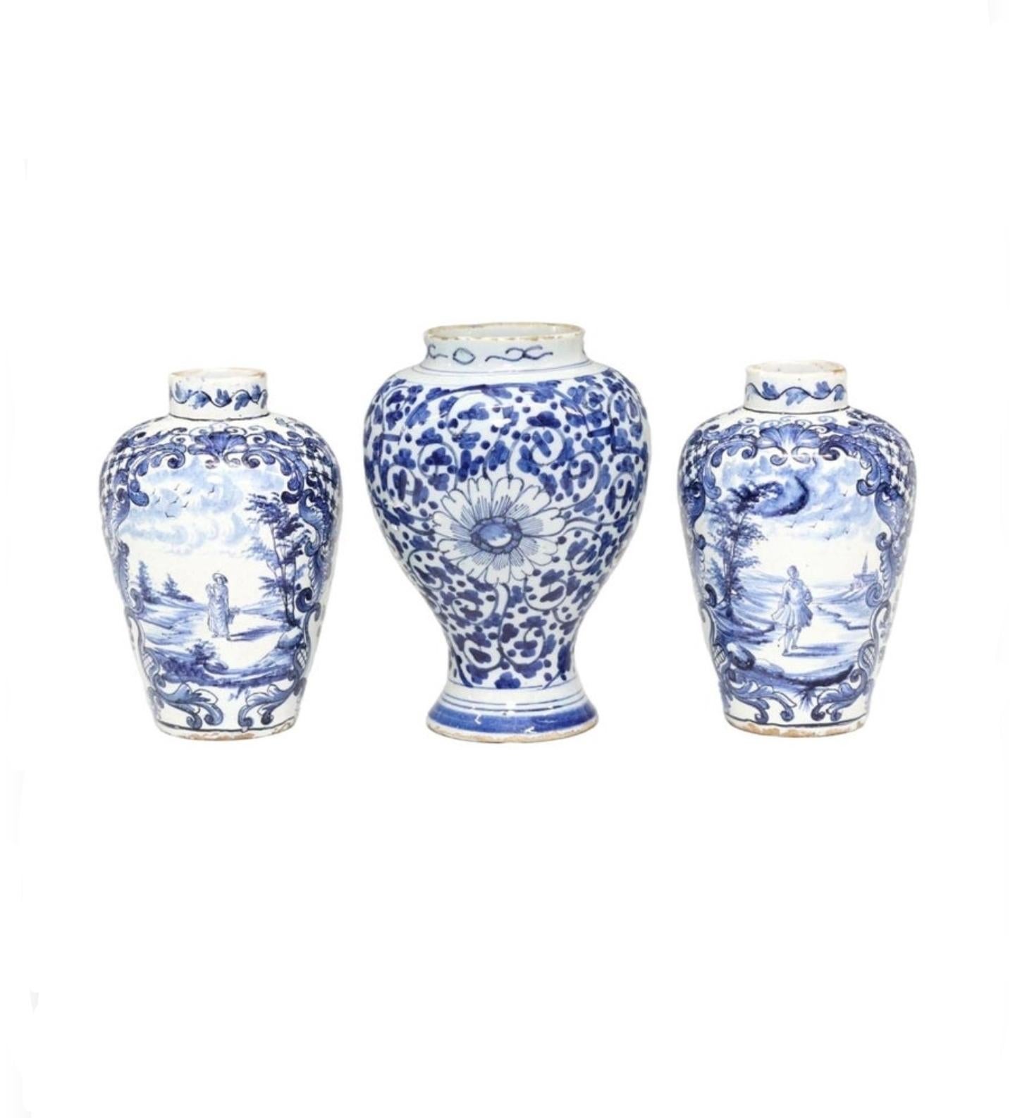 18th Century Dutch Chinoiserie Delft Tin-glazed Earthenware Vase Garniture Set For Sale 6
