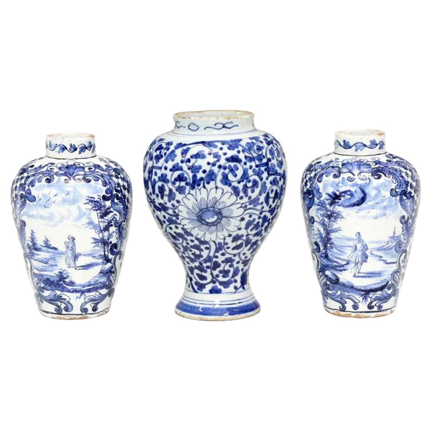 18th Century Dutch Chinoiserie Delft Tin-glazed Earthenware Vase Garniture Set For Sale