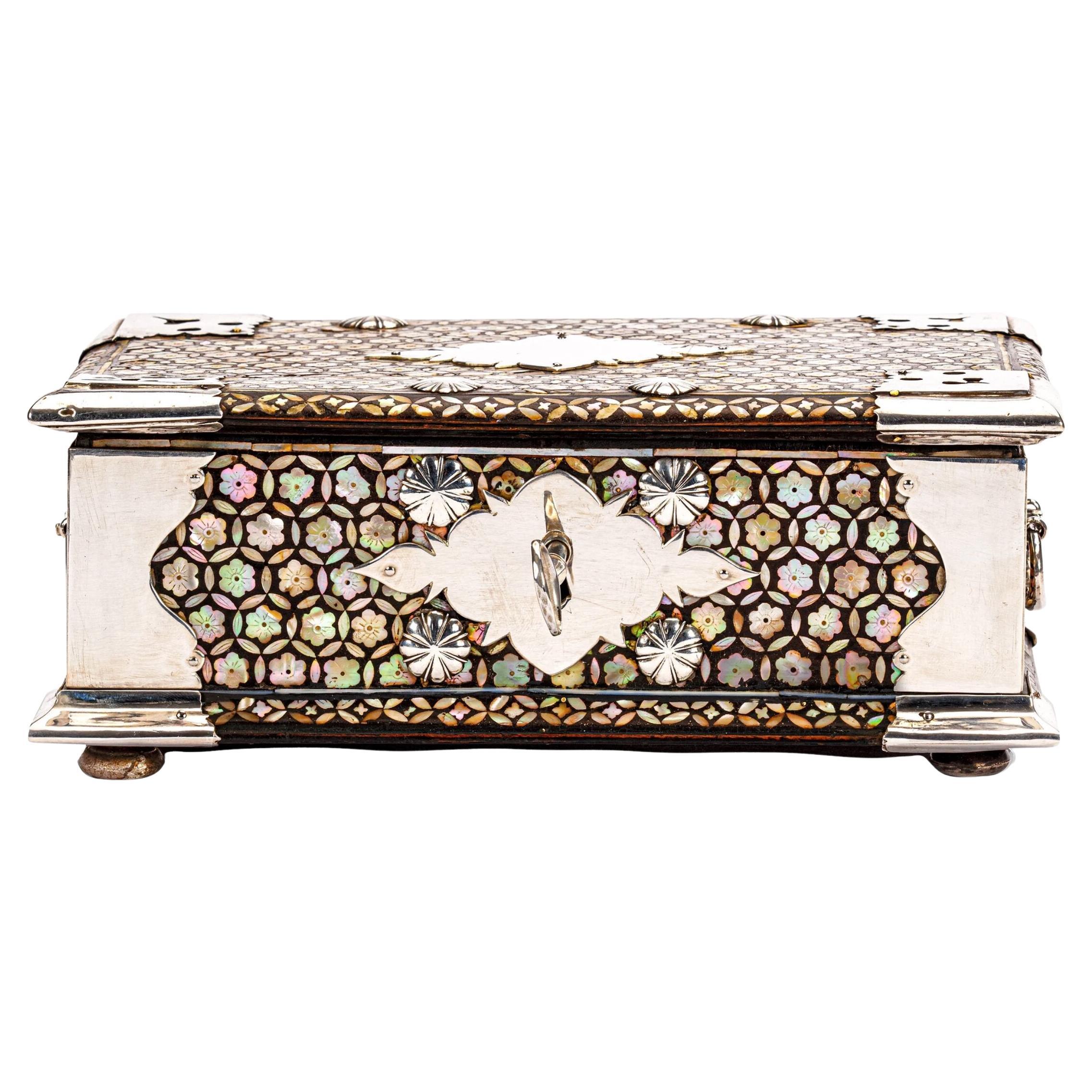 18th-century Dutch-colonial Peranakan mother-of-pearl casket with silver mounts