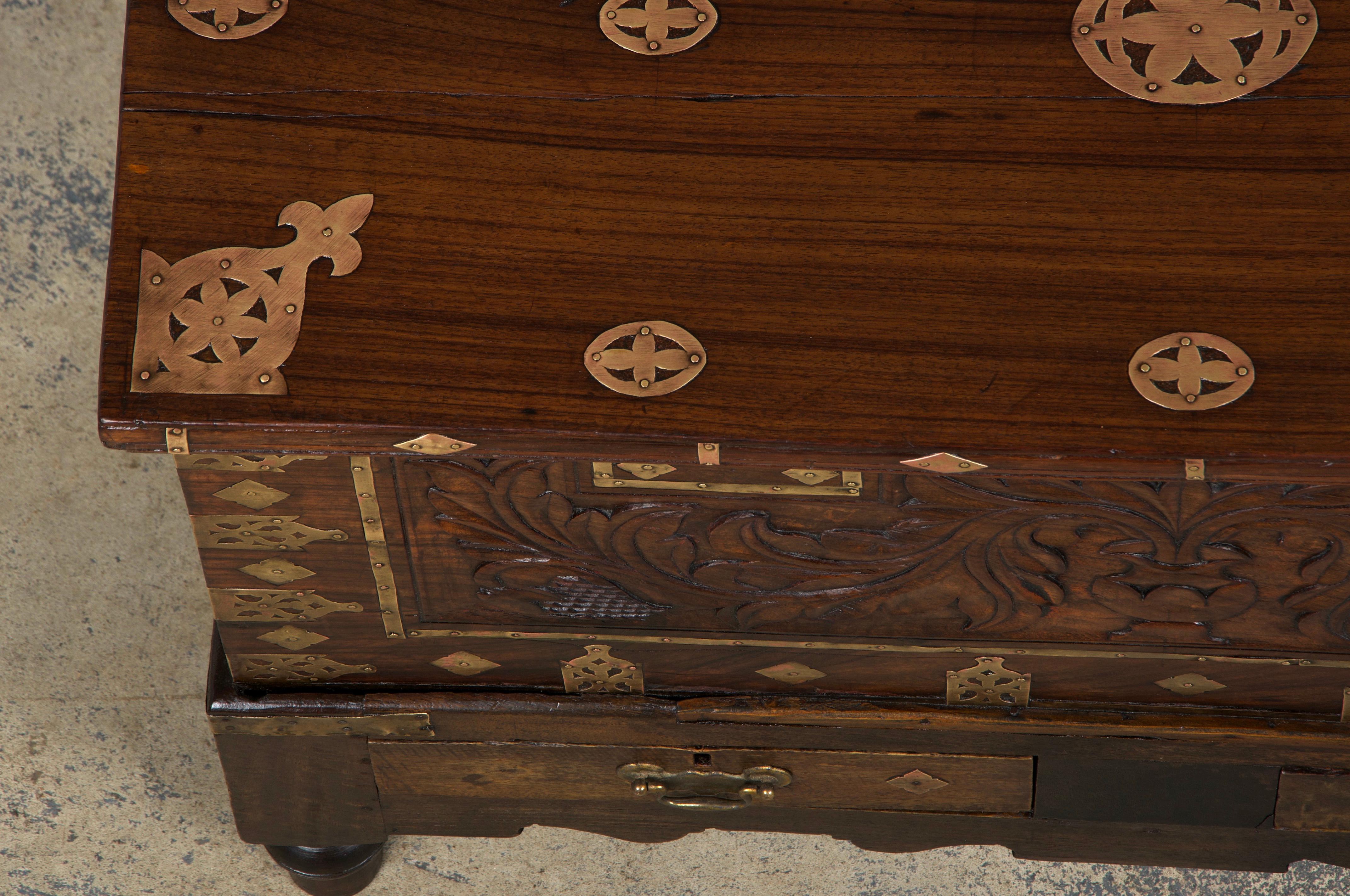 Hand-Carved 18th Century Dutch Colonial Rosewood Chest W/ Brass Mounts For Sale