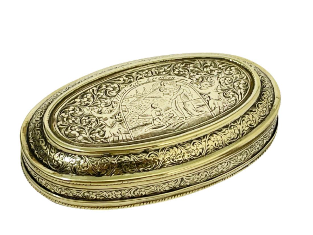 18th century Dutch copper tobacco box

18th century copper tobacco box in oval shape with rims. Engraved with Biblical scenes and Dutch text. Text is: 