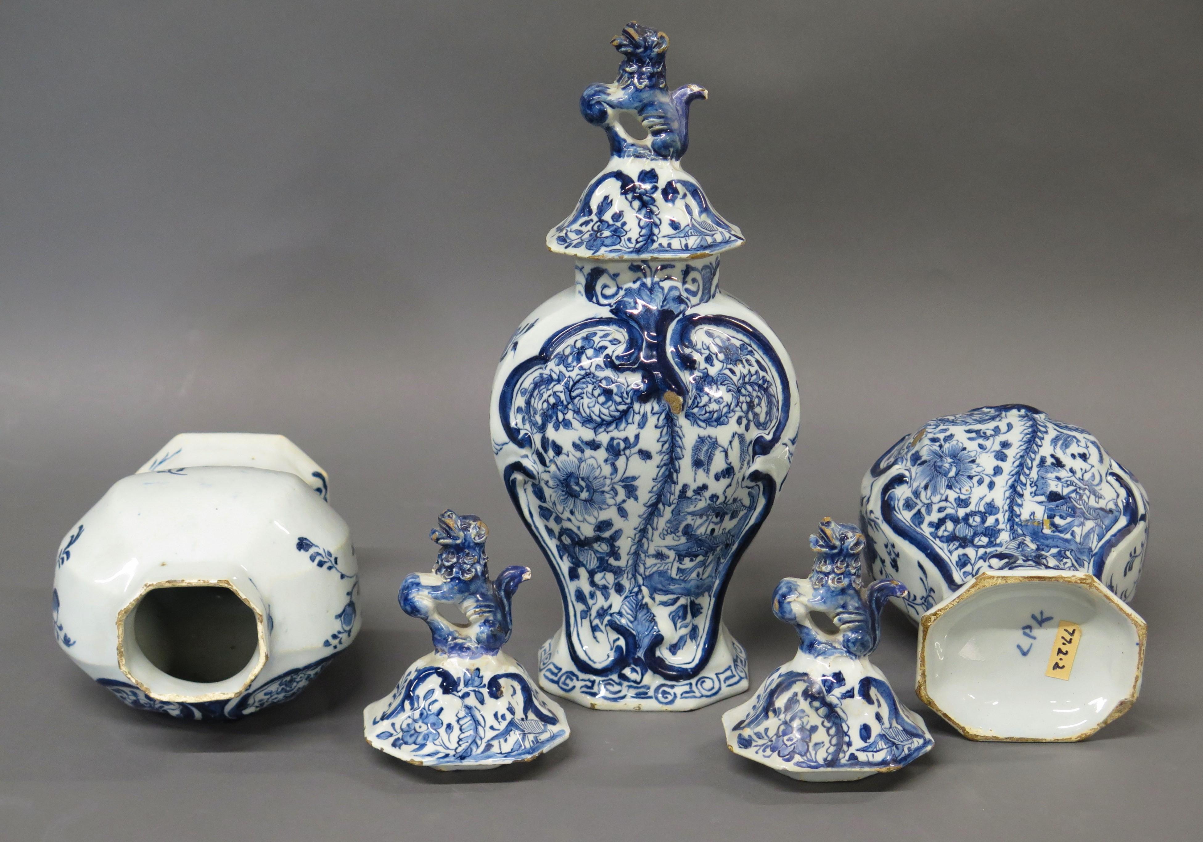 18th Century Dutch Delft 3-Piece Garniture ~ Lidded Vase Set For Sale 7