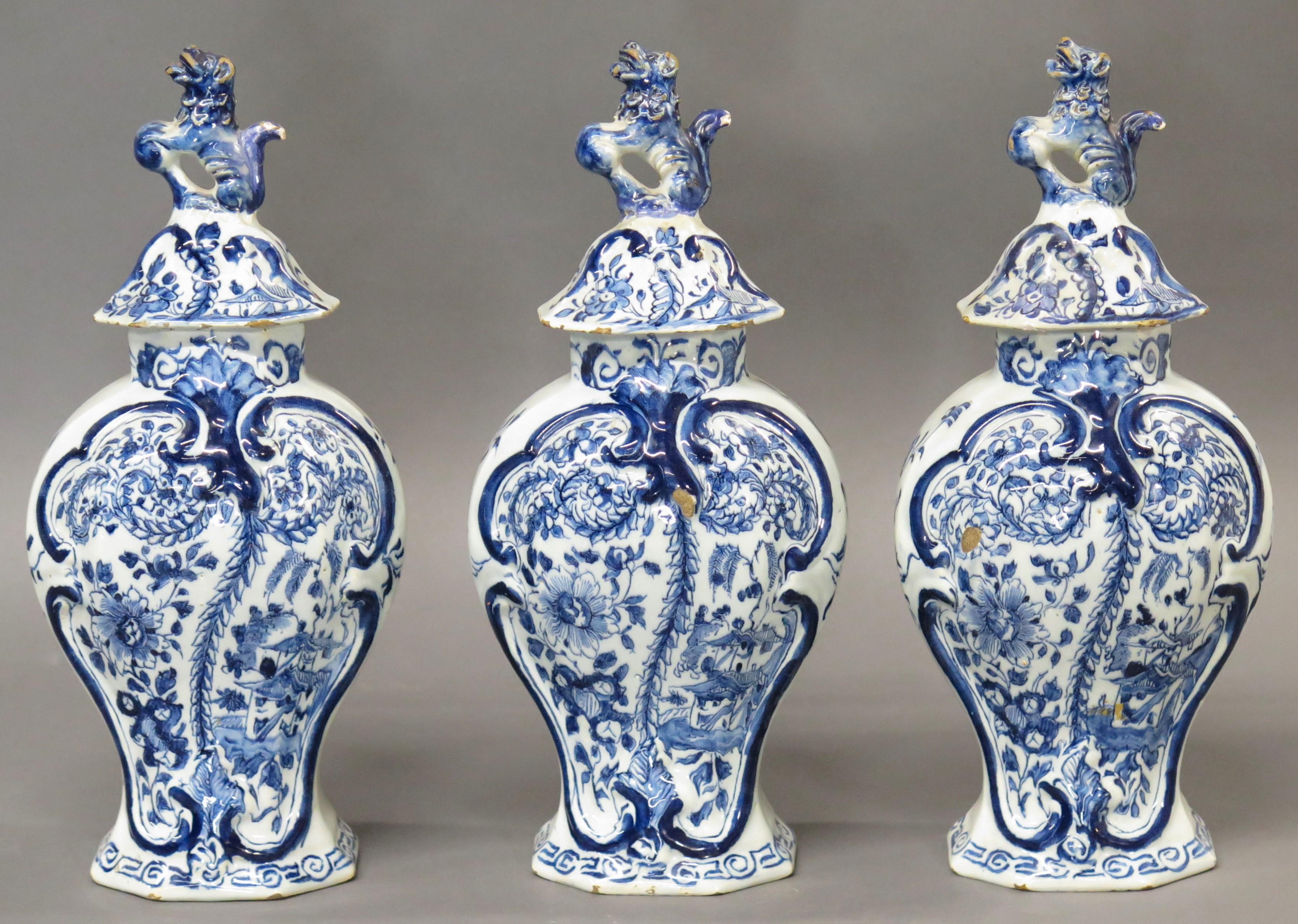 18th Century Dutch Delft 3-Piece Garniture ~ Lidded Vase Set For Sale 10