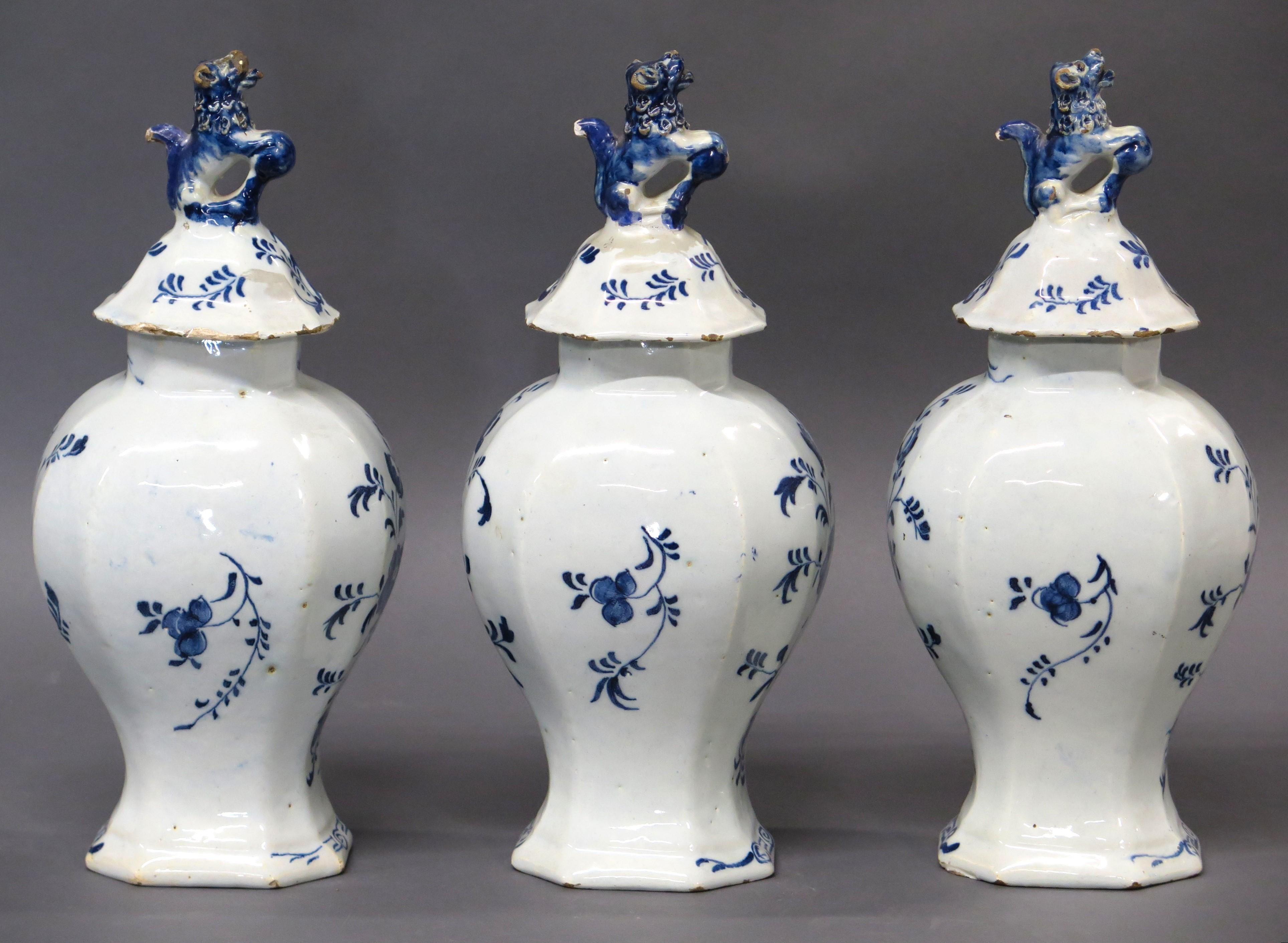 Fired 18th Century Dutch Delft 3-Piece Garniture ~ Lidded Vase Set For Sale