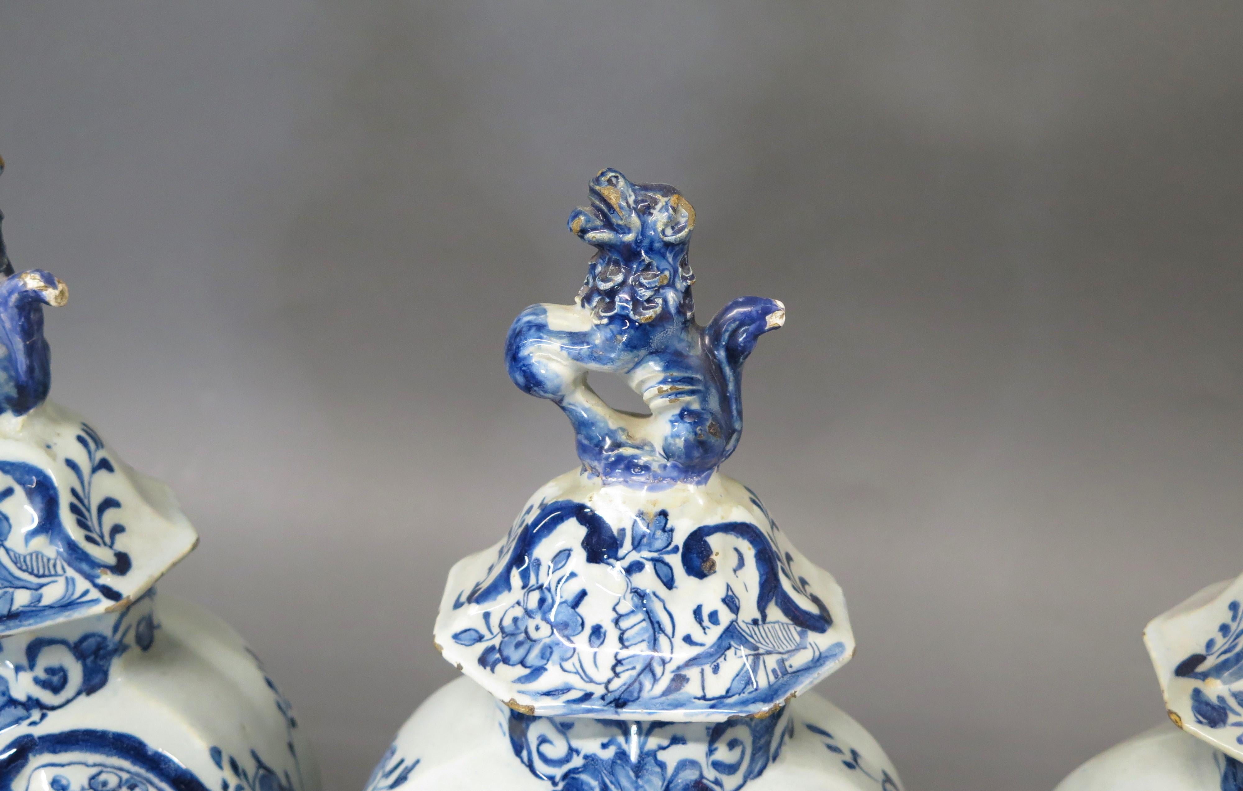 Porcelain 18th Century Dutch Delft 3-Piece Garniture ~ Lidded Vase Set For Sale
