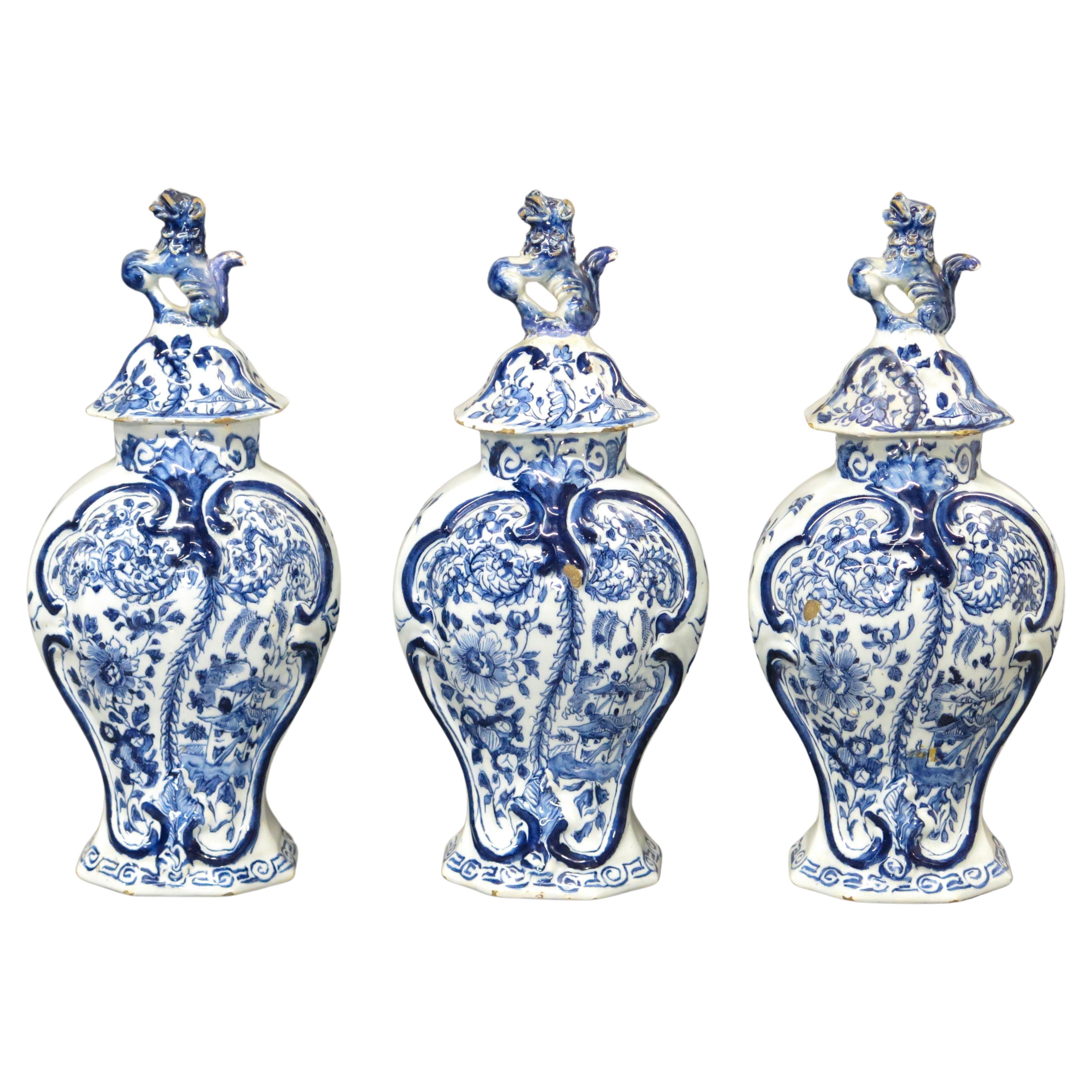 18th Century Dutch Delft 3-Piece Garniture ~ Lidded Vase Set For Sale