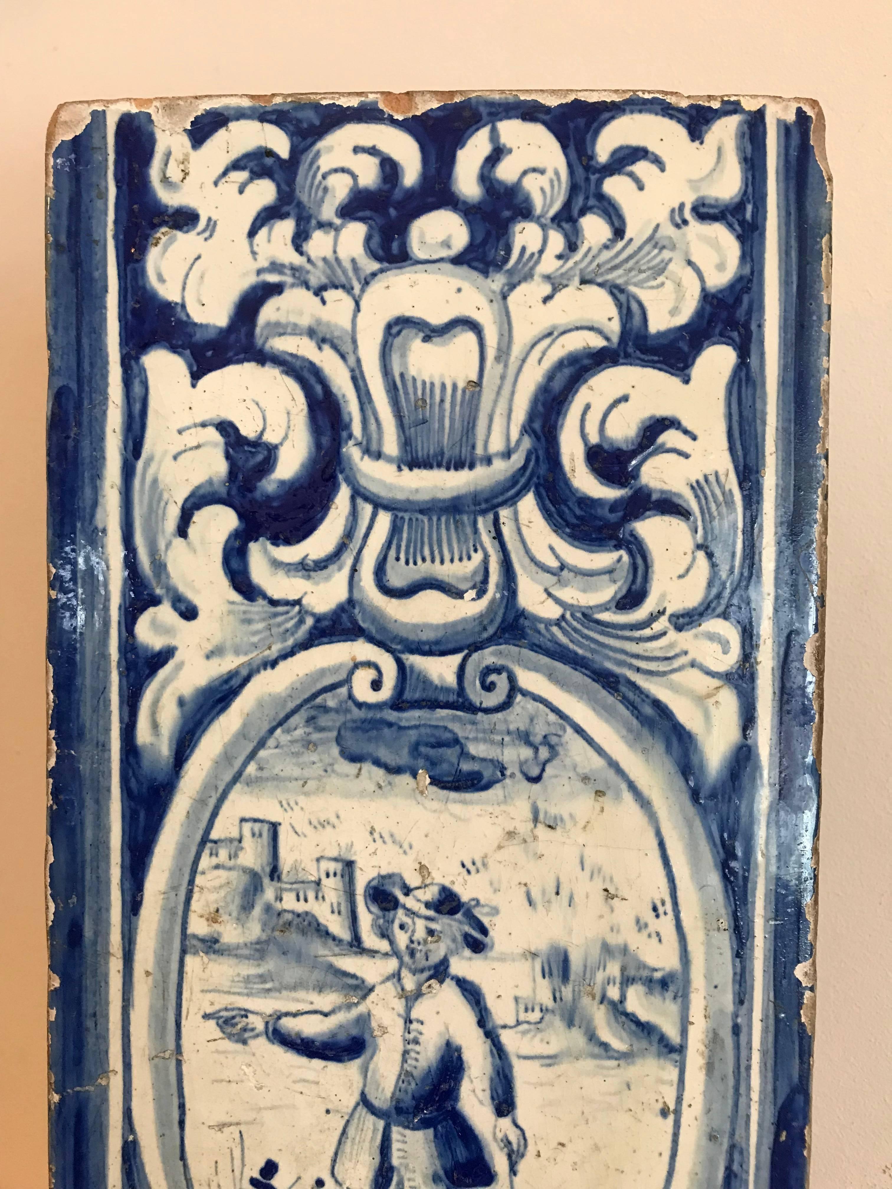 18th Century Dutch Delft Blue and White Glazed Ceramic Stove Tile In Good Condition In Stamford, CT