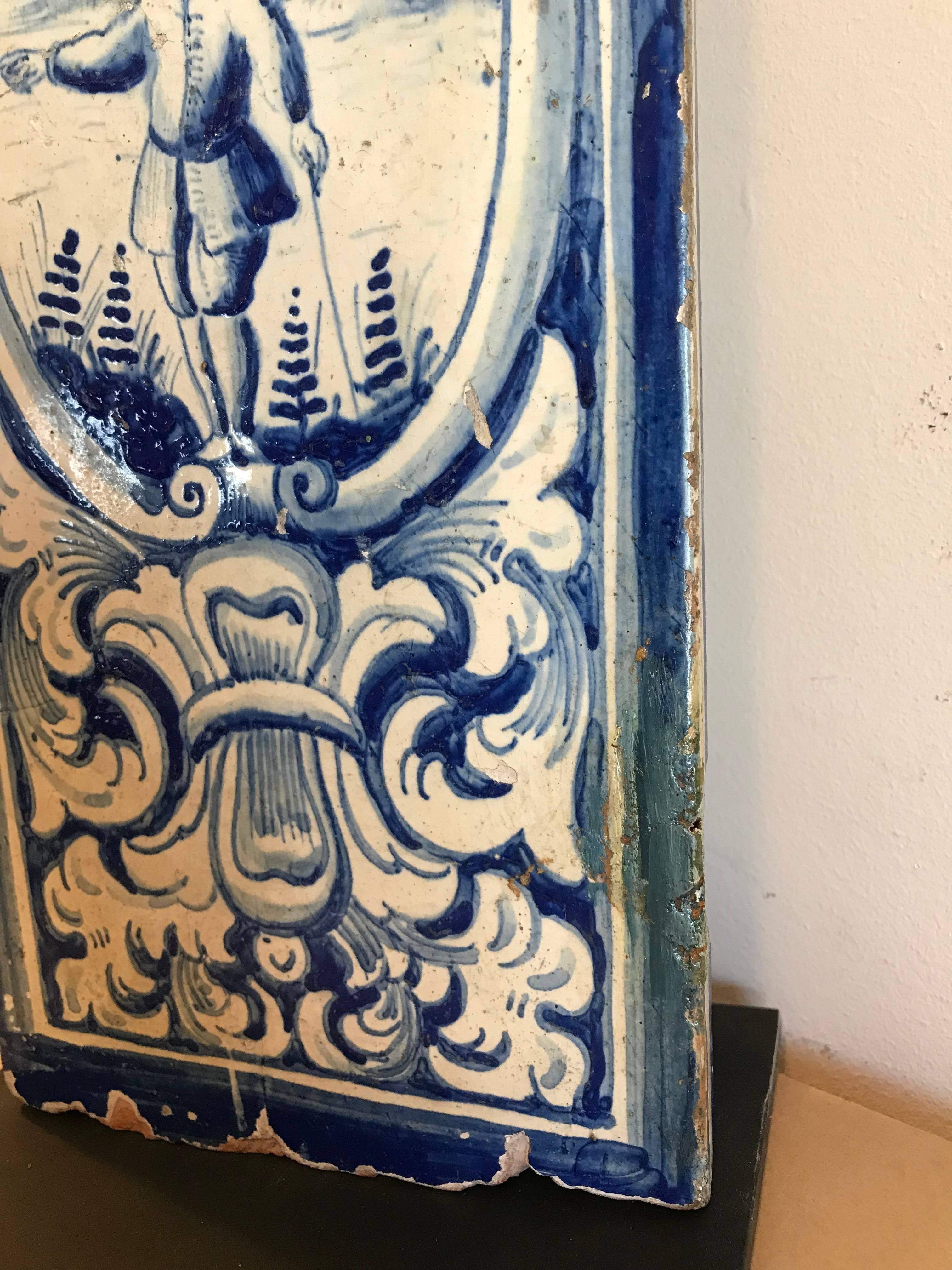 18th Century Dutch Delft Blue and White Glazed Ceramic Stove Tile 1
