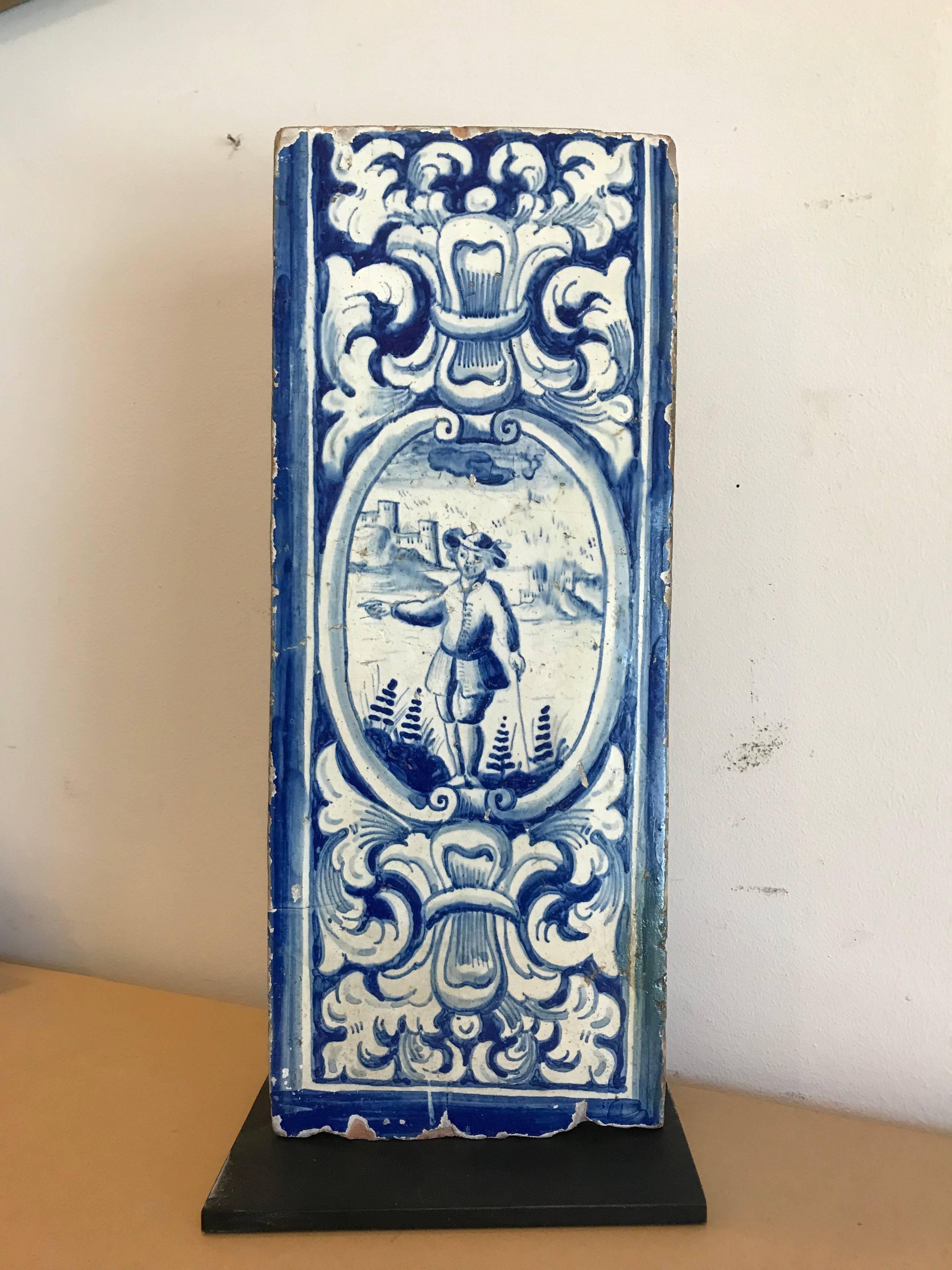 18th Century Dutch Delft Blue and White Glazed Ceramic Stove Tile 2