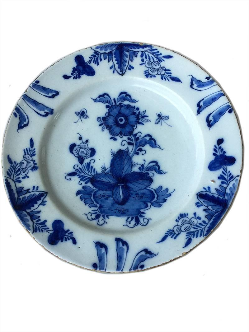 18th Century and Earlier 18th Century Dutch Delft Blue Large Charger and Three-Plates