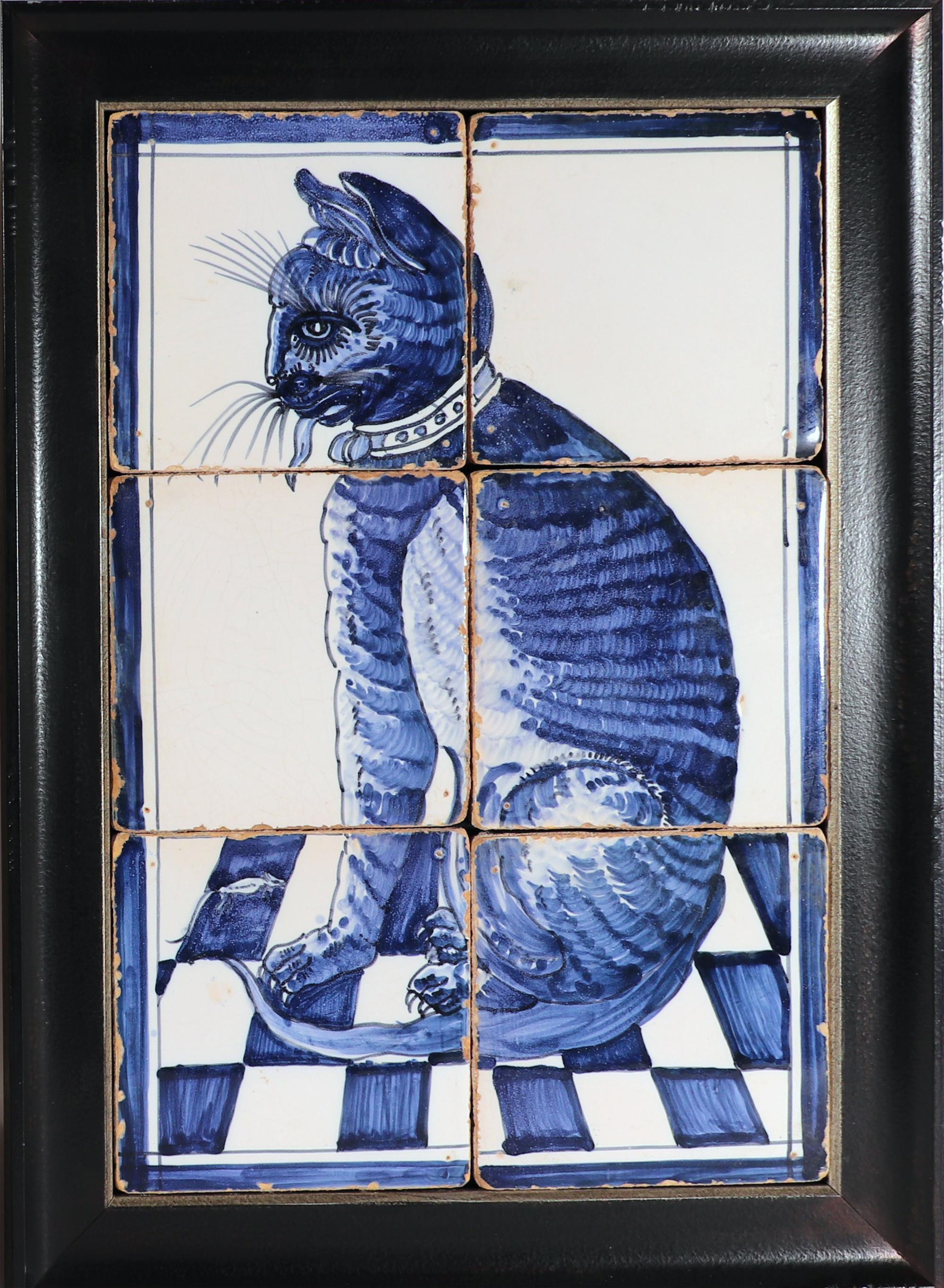 18th Century Dutch Delft Blue & White Cat Six Tile Cat Pictures,
Mid-18th Century.

The Dutch Delft six-tile pictures are painted in blue and white with two cats facing each other as they sit on their haunches on a checkerboard Tile floor.  They