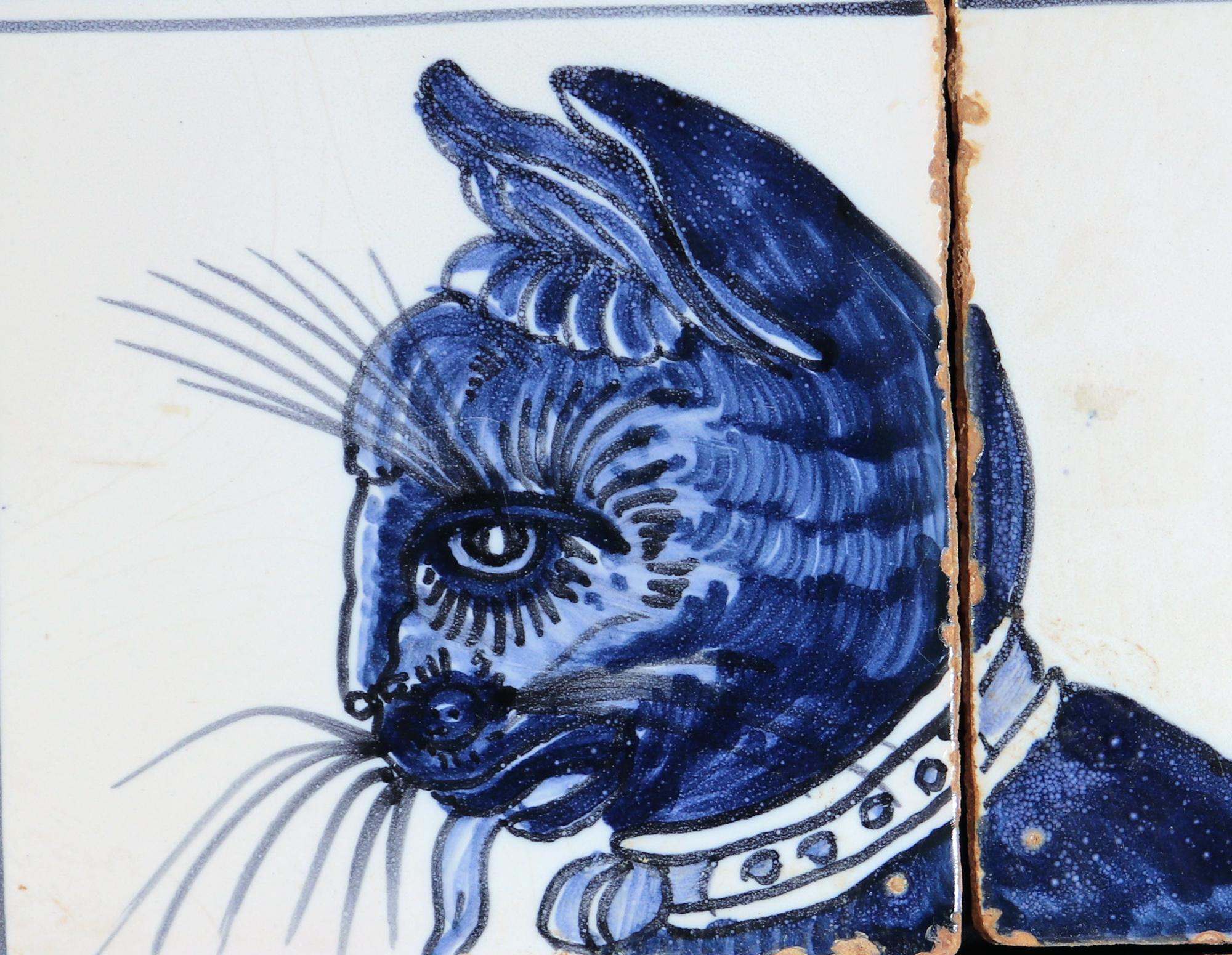 Georgian 18th Century Dutch Delft Blue & White Cat Six Tile Cat Pictures