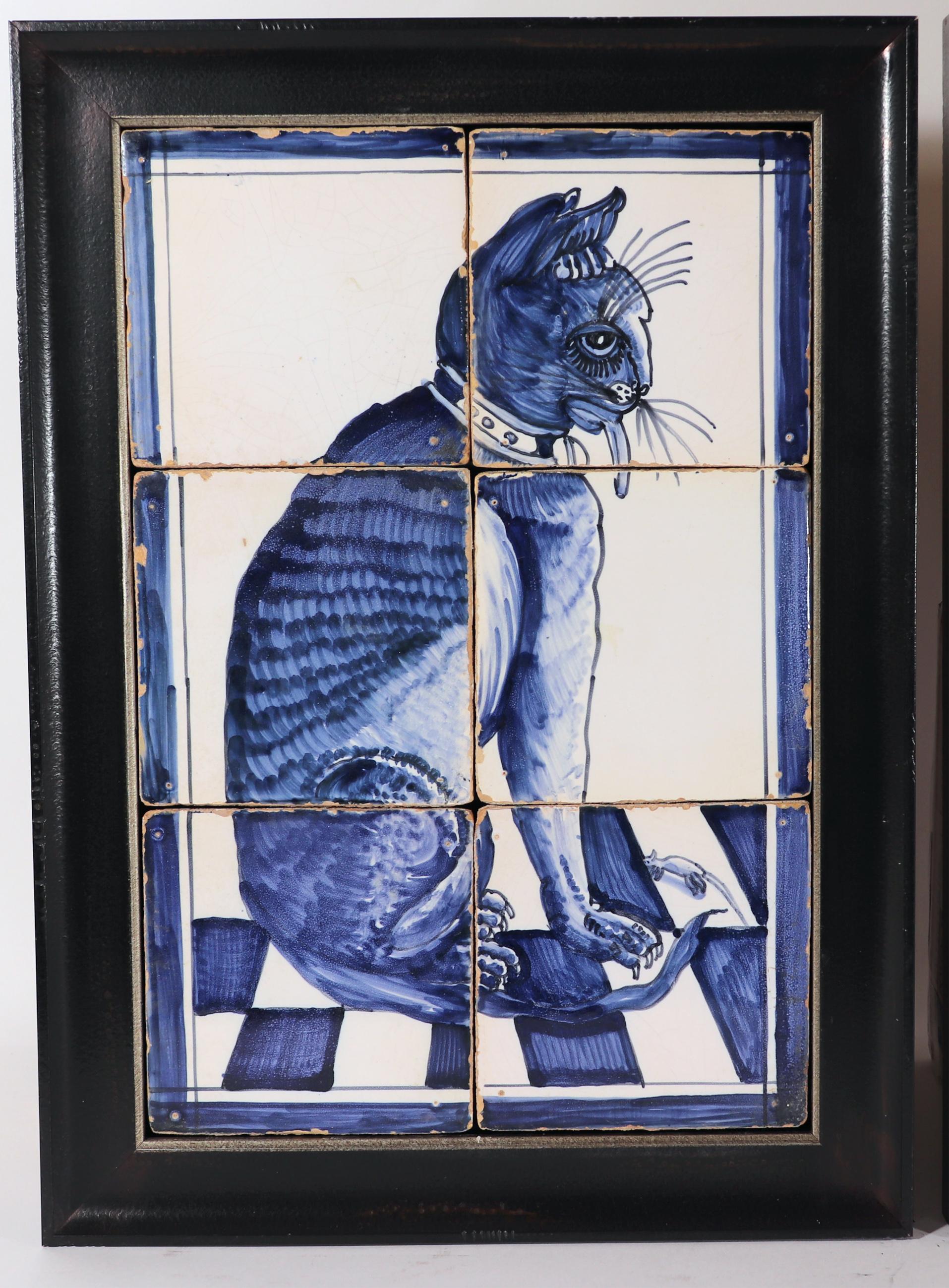 Georgian 18th Century Dutch Delft Blue & White Cat Six Tile Cat Pictures