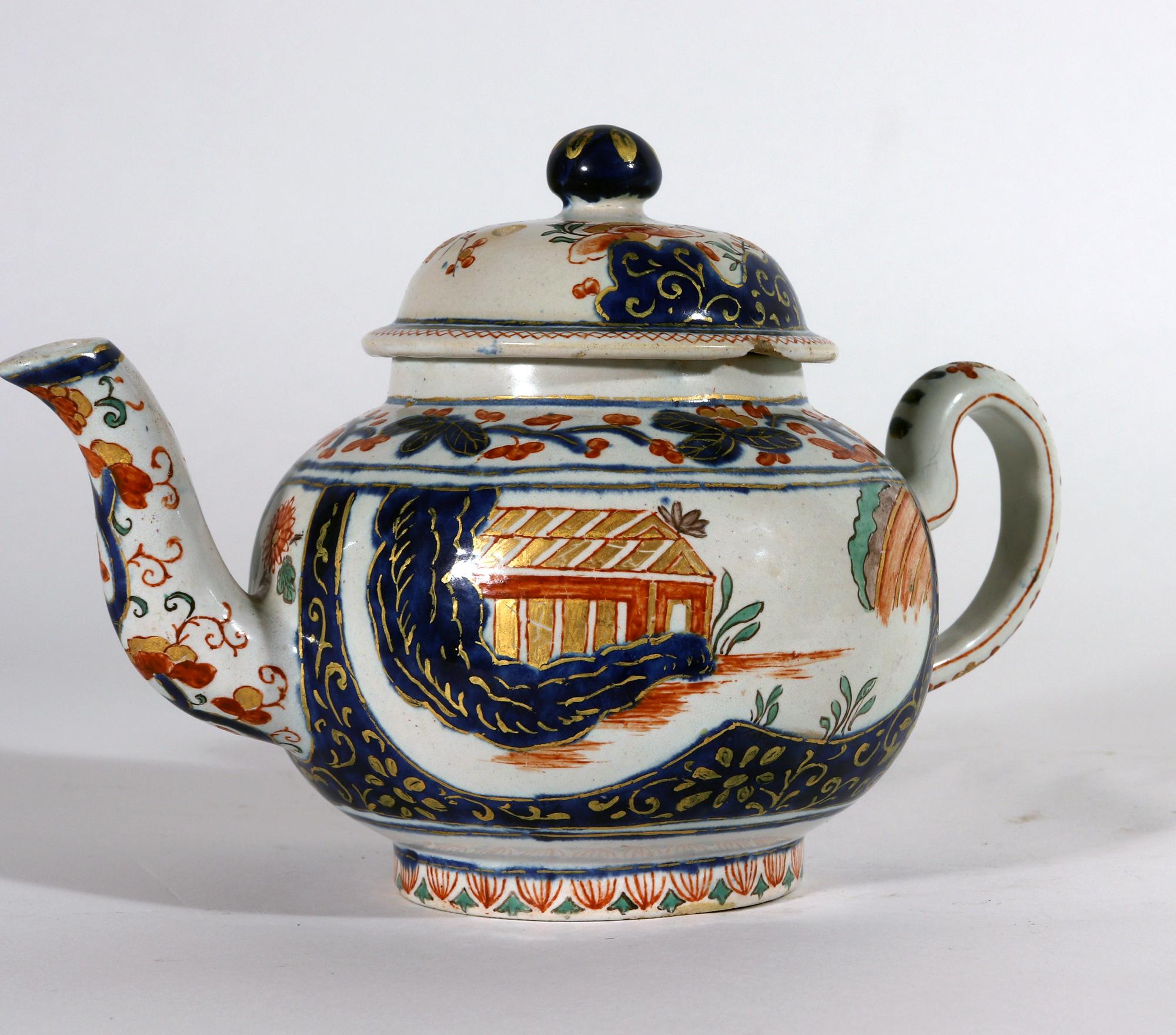 Queen Anne 18th Century Dutch Delft Dore Chinoiserie Teapot & Cover For Sale
