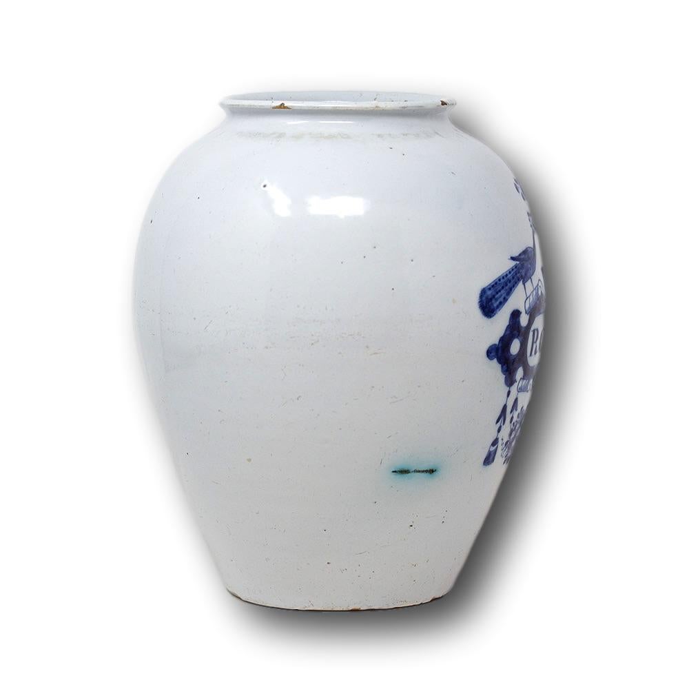 Hand-Crafted 18th Century, Dutch Delft Drug Jar Rose Smell For Sale