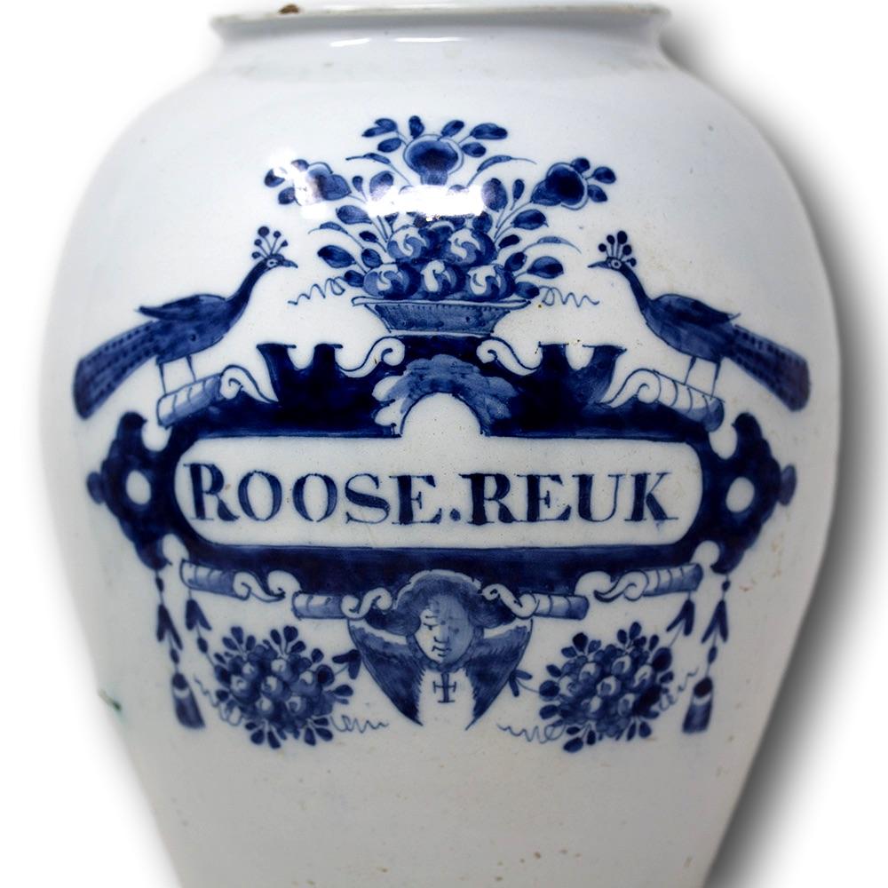 Ceramic 18th Century, Dutch Delft Drug Jar Rose Smell For Sale