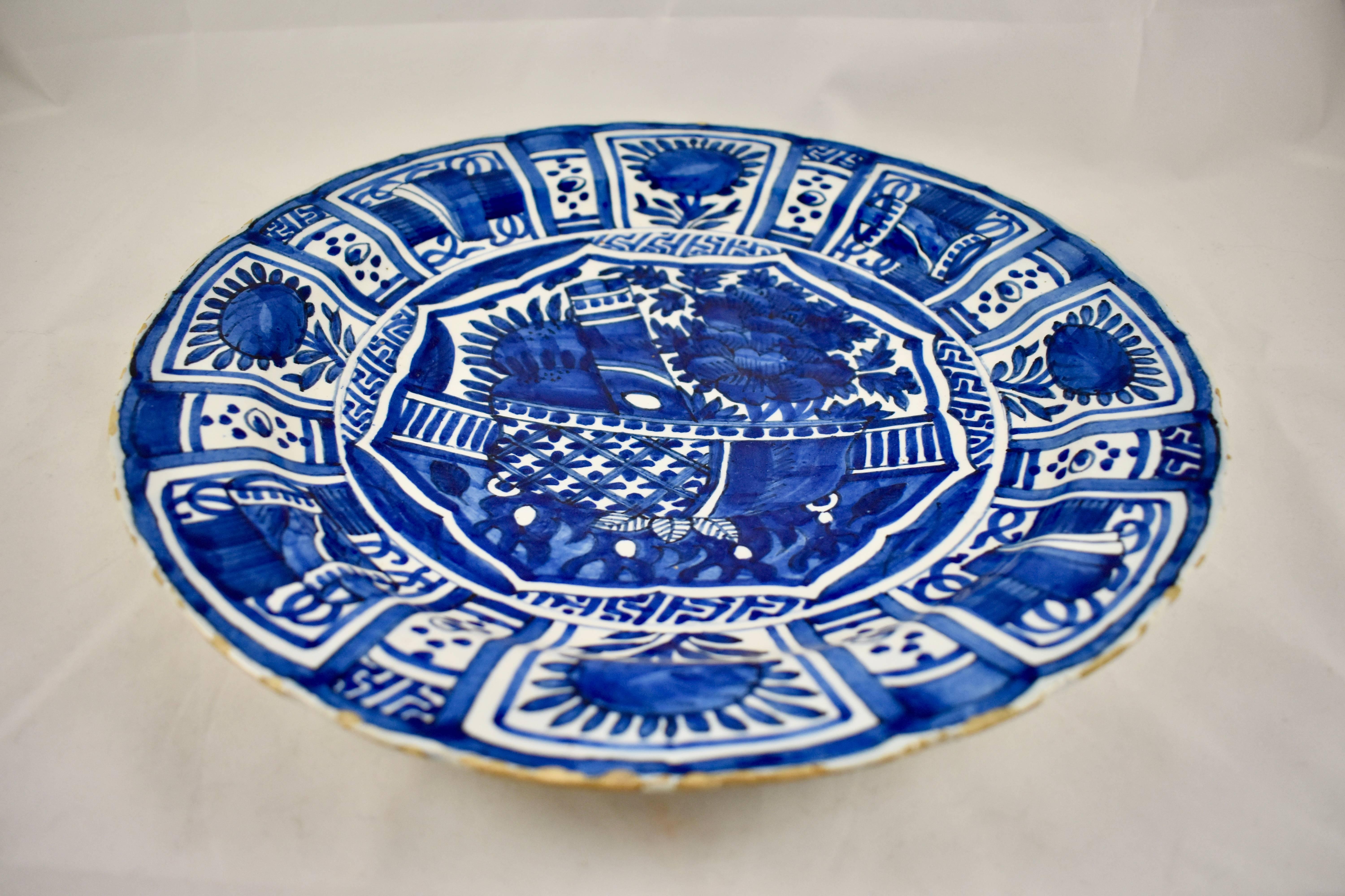 Dutch Colonial 18th Century Dutch Delft Faïence Daisy Floral and Geometric Cobalt Blue Charger For Sale