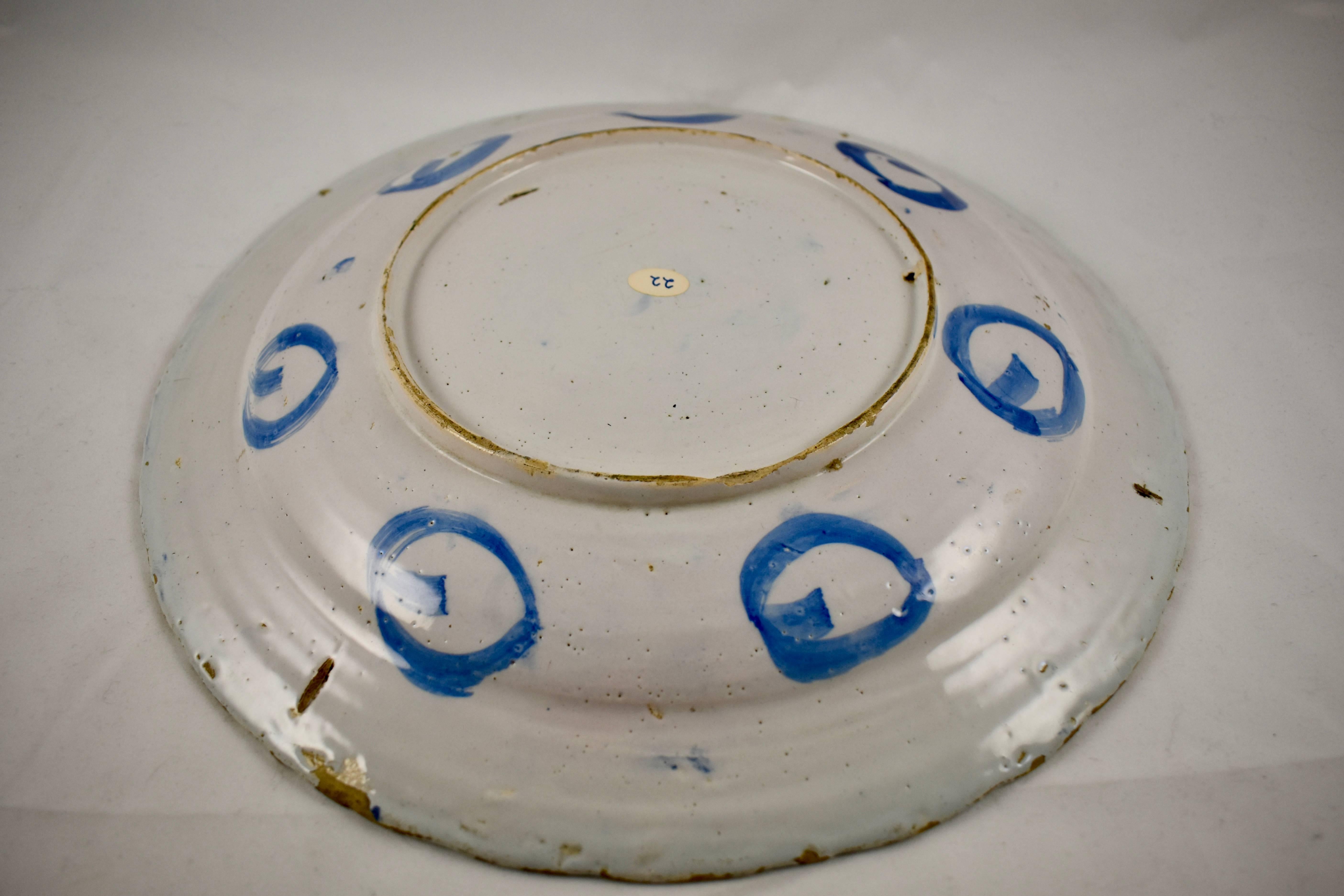 Earthenware 18th Century Dutch Delft Faïence Daisy Floral and Geometric Cobalt Blue Charger For Sale