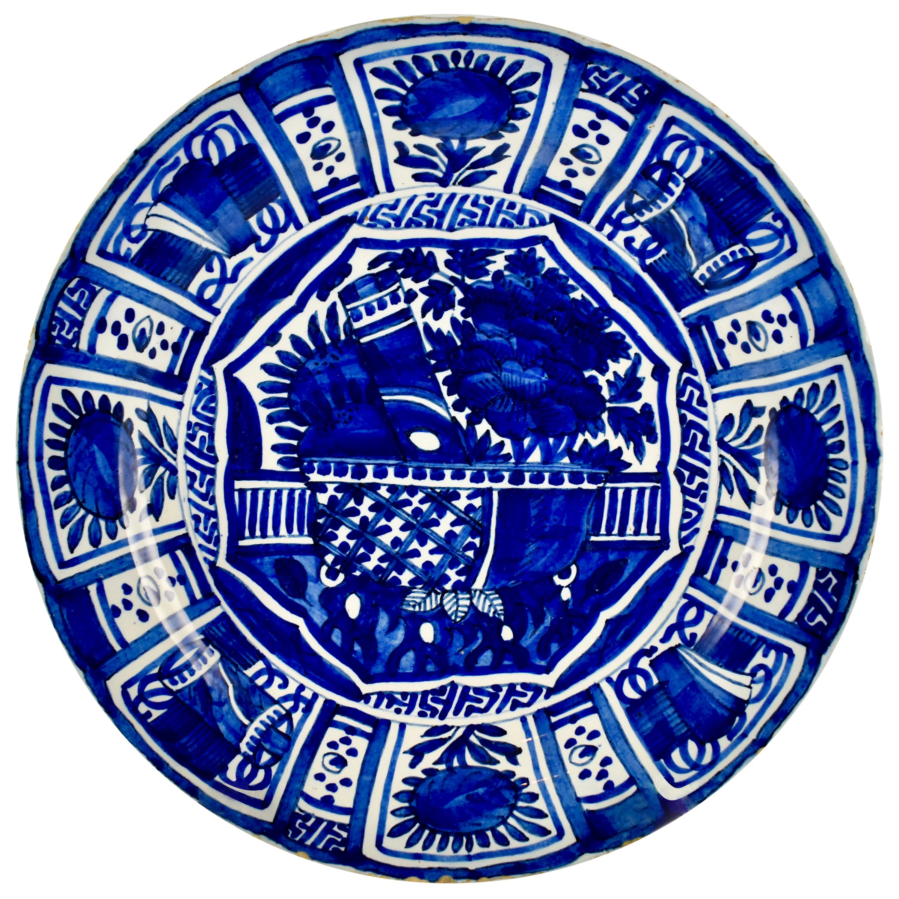 18th Century Dutch Delft Faïence Daisy Floral and Geometric Cobalt Blue Charger For Sale