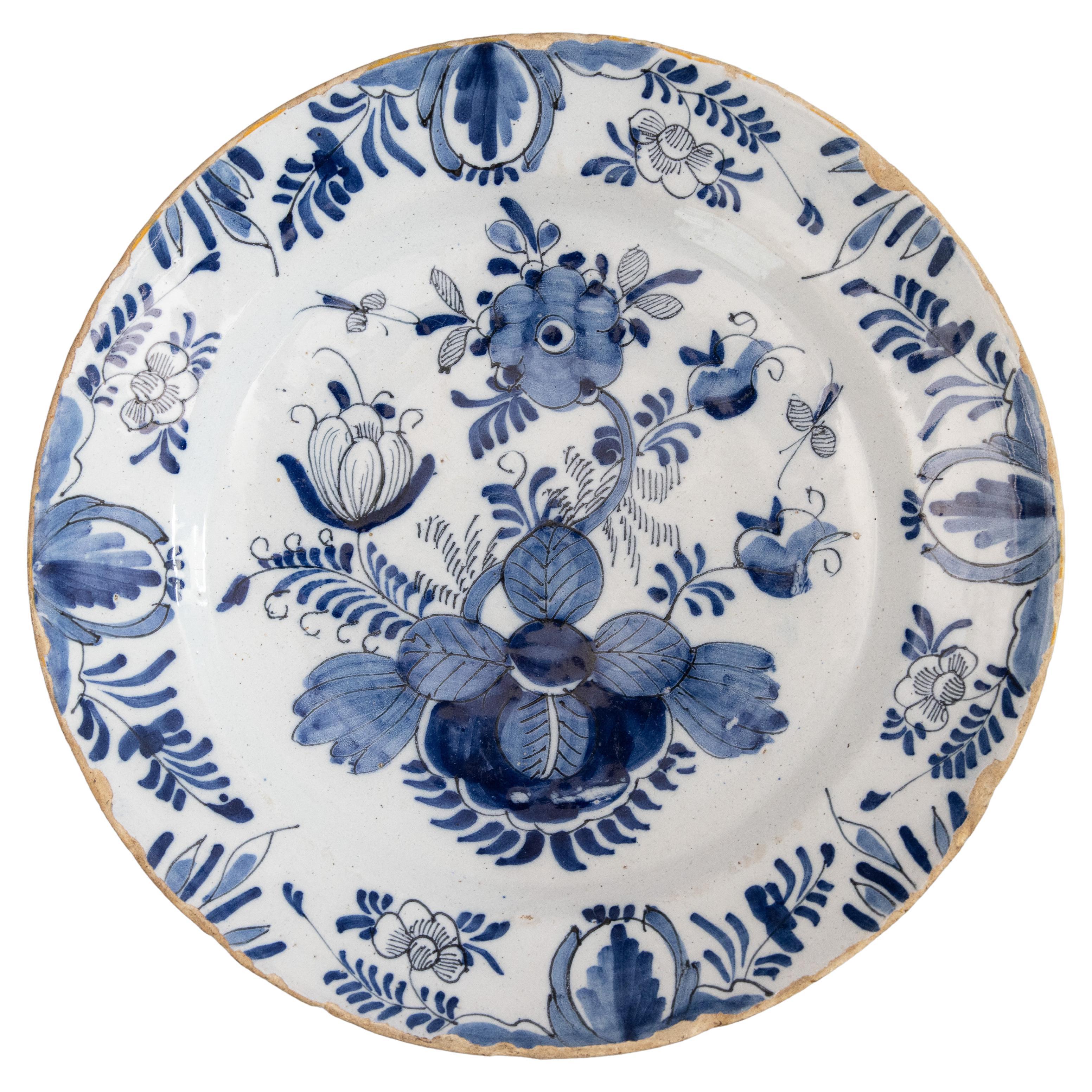 18th Century Dutch Delft Faience Floral Charger For Sale