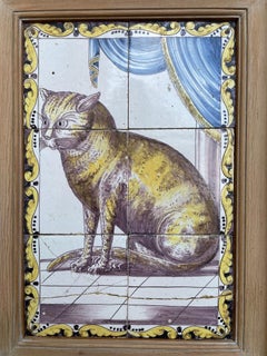 18th Century, Dutch Delft Framed Tile Painting of a Cat