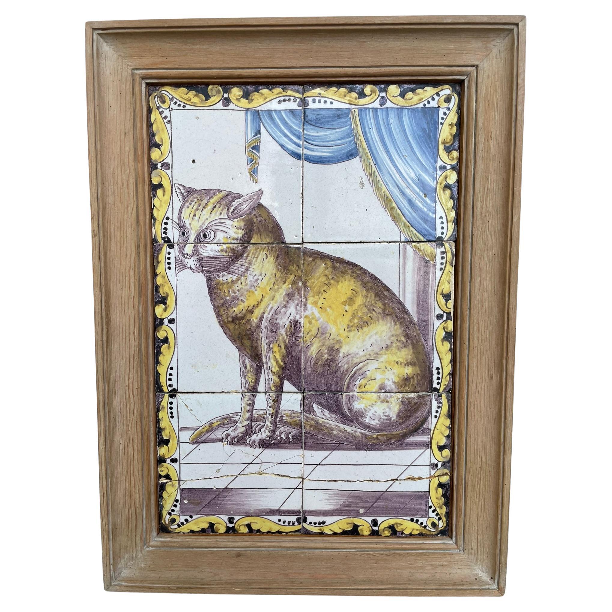 18th Century, Dutch Delft Framed Tile Painting of a Cat