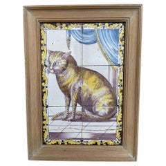 18th Century, Dutch Delft Framed Tile Painting of a Cat