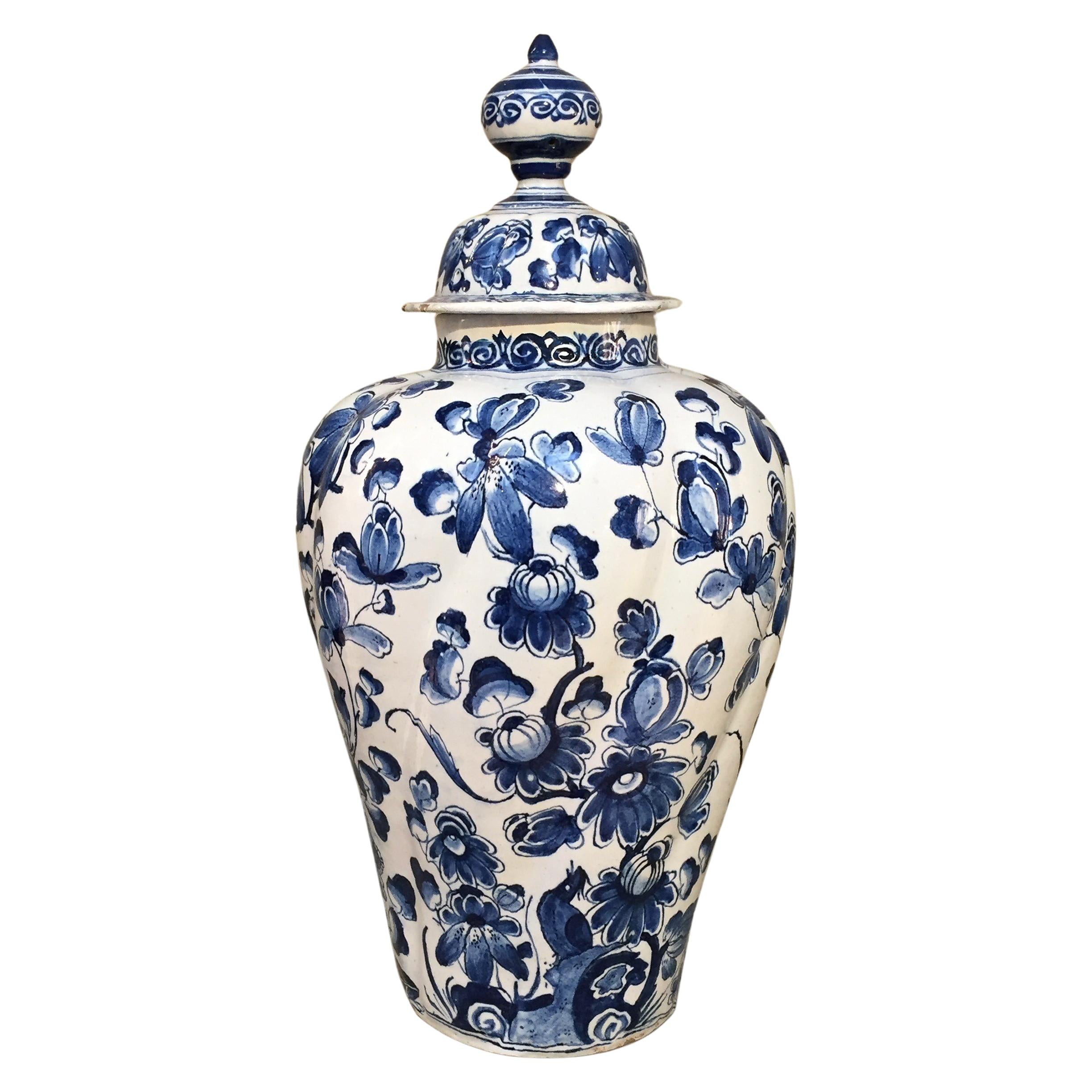 Chinoiserie 18th century Dutch Delft Lidded Vase with Birds