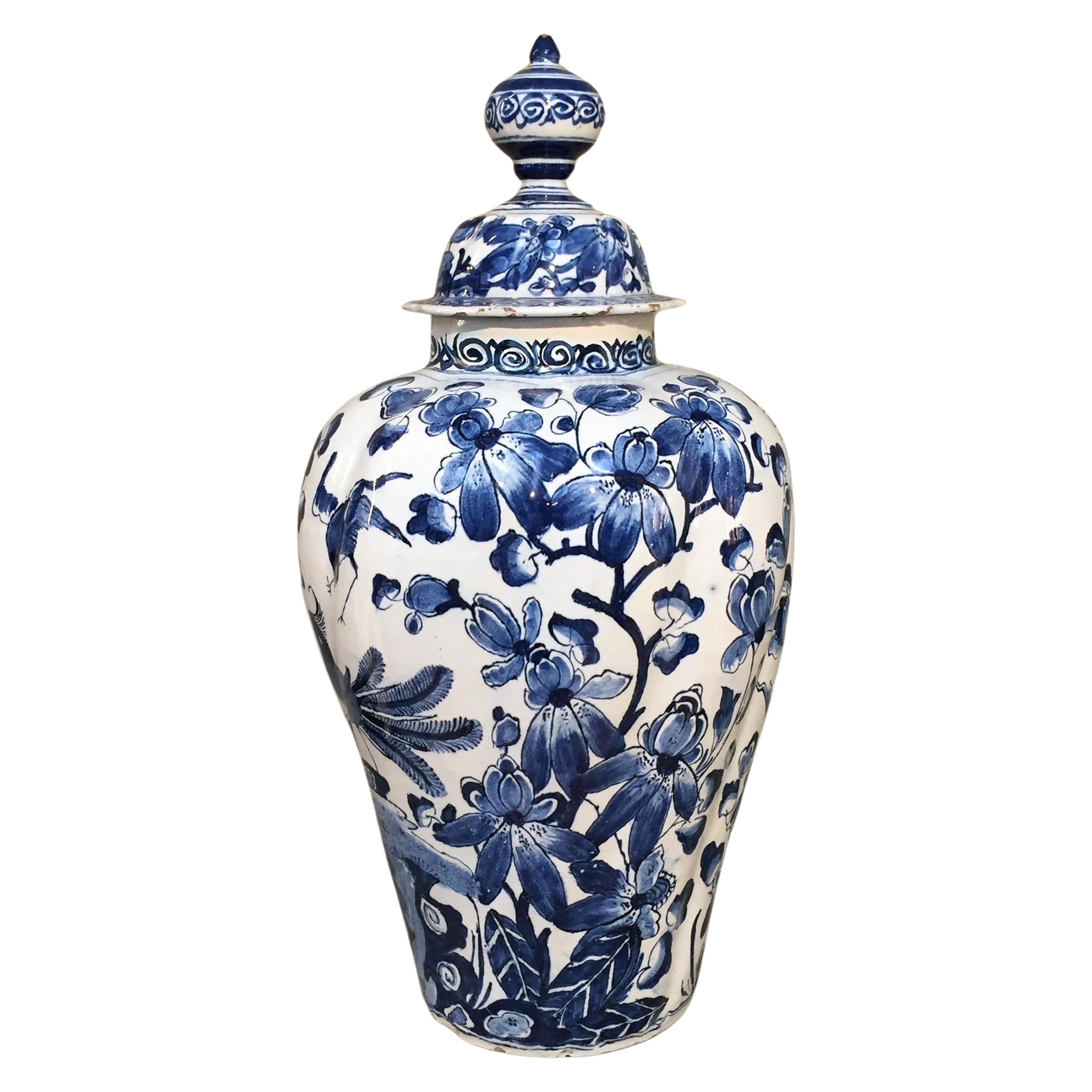 Hand-Painted 18th century Dutch Delft Lidded Vase with Birds