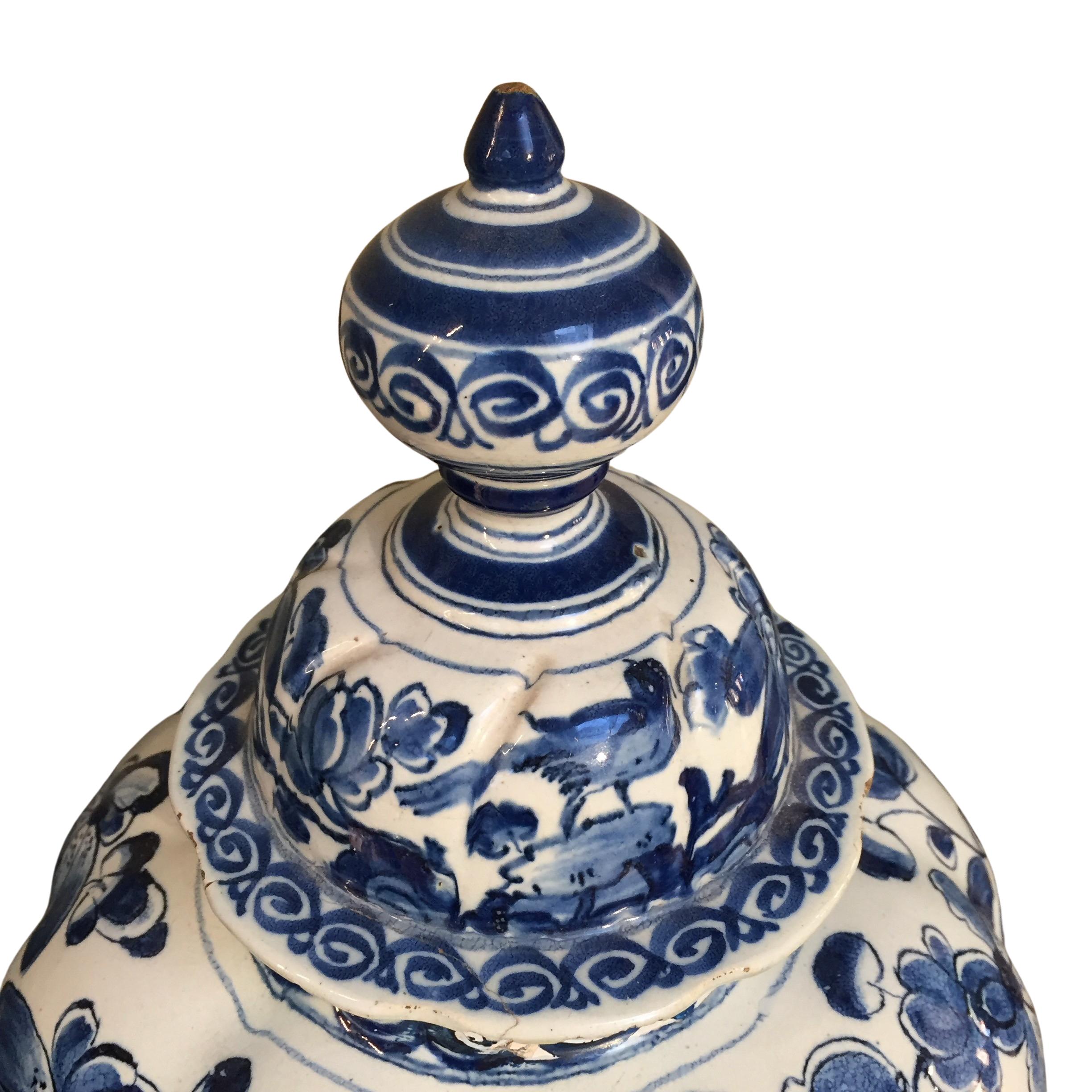 Ceramic 18th century Dutch Delft Lidded Vase with Birds