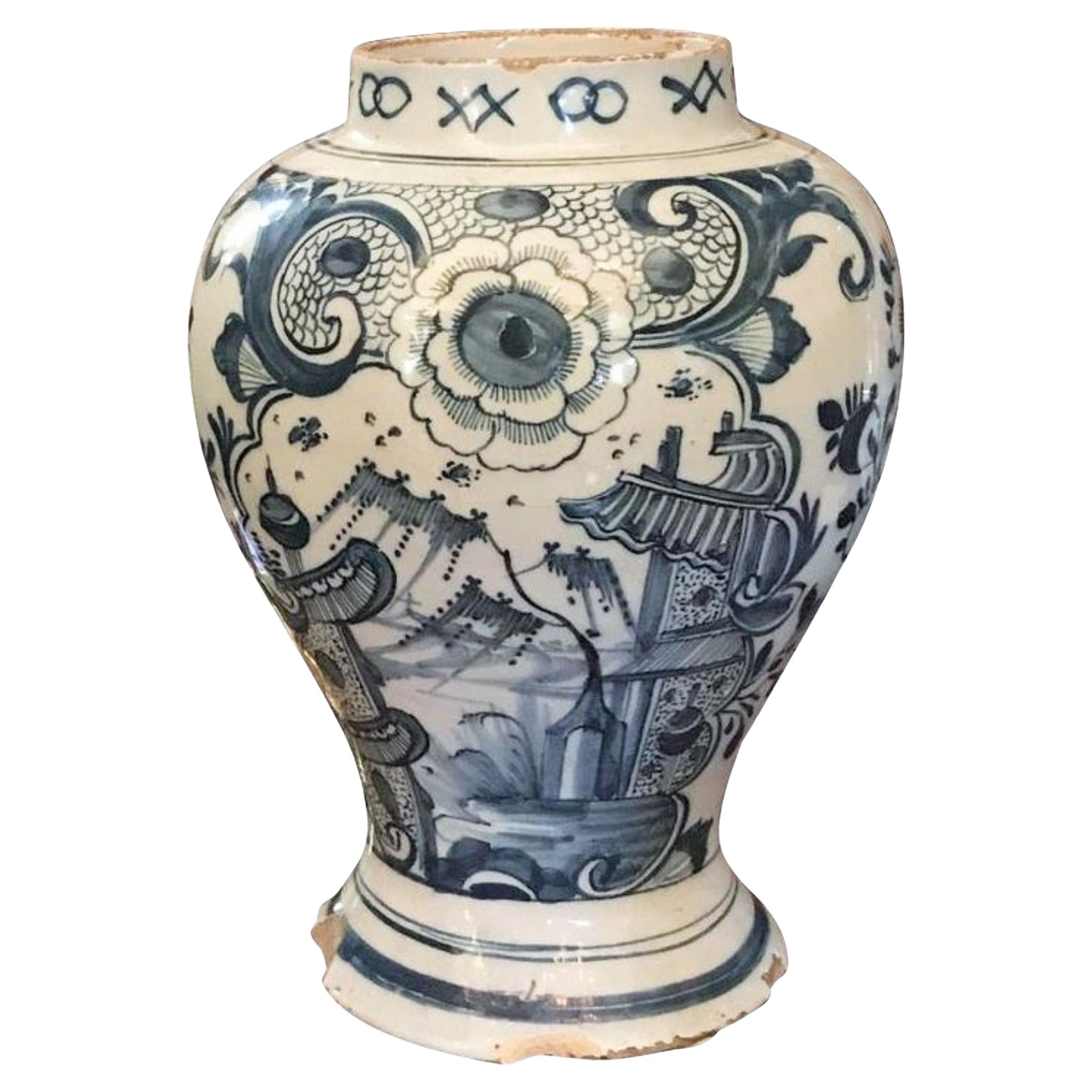 18th Century Dutch Delft Pottery Blue and White Vase Jar Urn Antiques LA CA