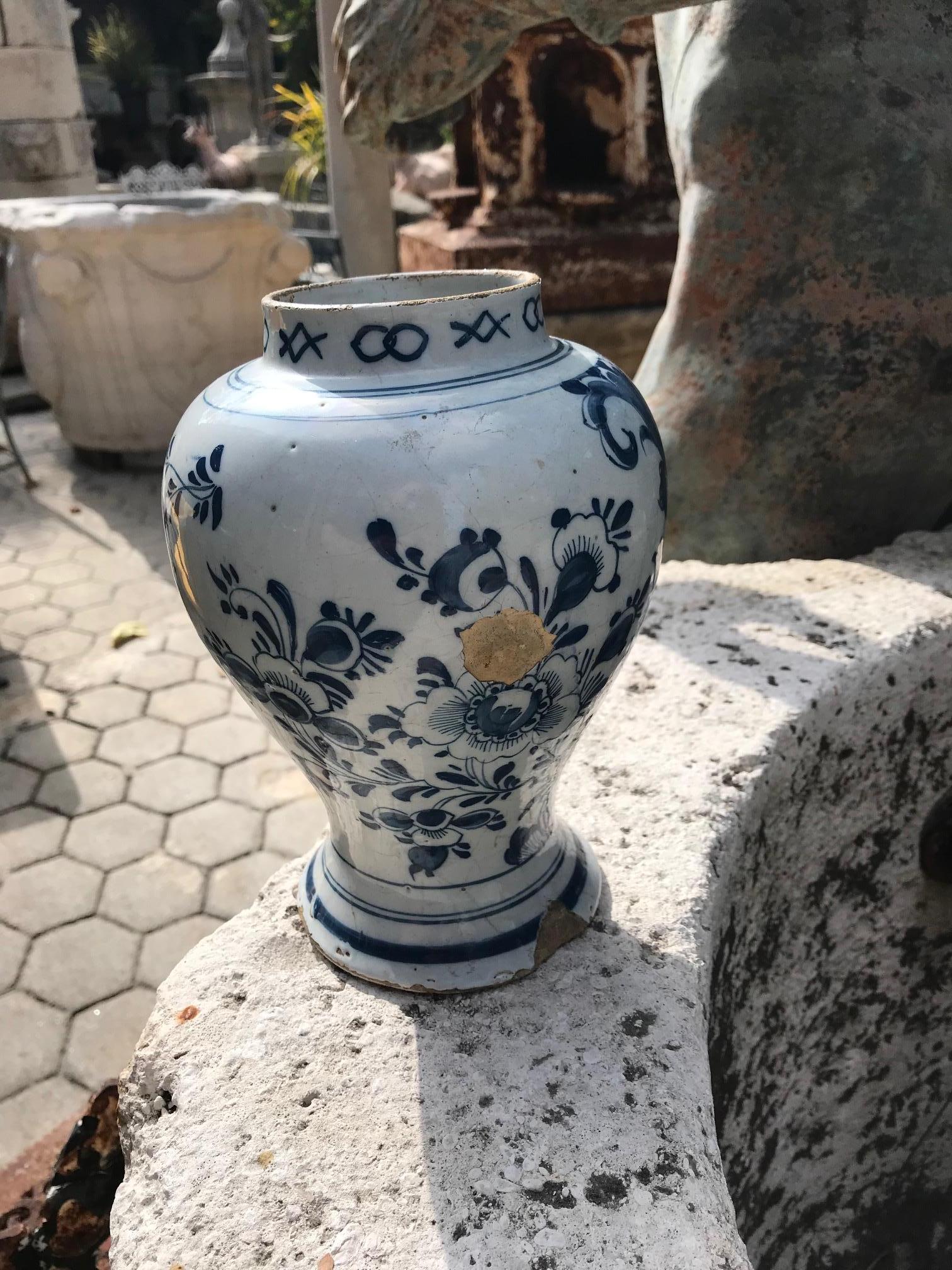 Glazed 18th Century Dutch Delft Pottery Blue and White Vase / Jar / Urn Antiques LA CA For Sale