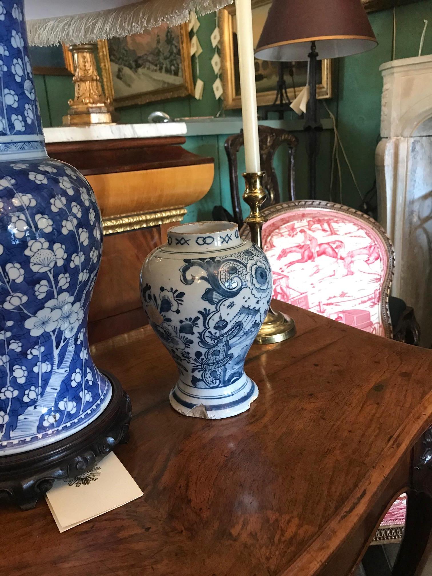 Terracotta 18th Century Dutch Delft Pottery Blue and White Vase / Jar / Urn Antiques LA CA For Sale