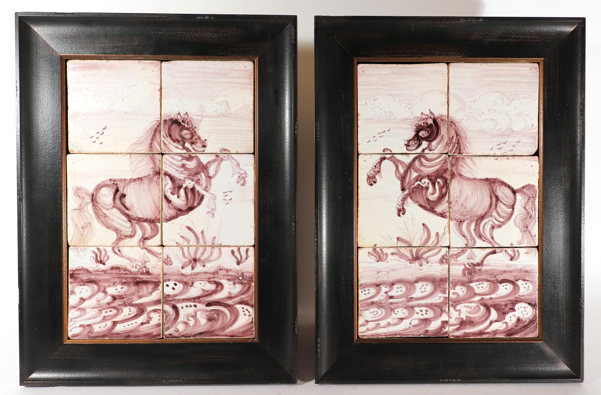 18th Century Dutch Delft Manganese Tiles Pictures of Rearing Horses,
Rotterdam,
Circa 1780

The pair of framed manganese six-tile pictures each depict a horse rearing up as they face each other. They stand in a rough muddy field.

Dimensions: 20 1/4