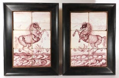 18th Century Rotterdam Dutch Delft Tiles Framed Pictures of Rearing Horses