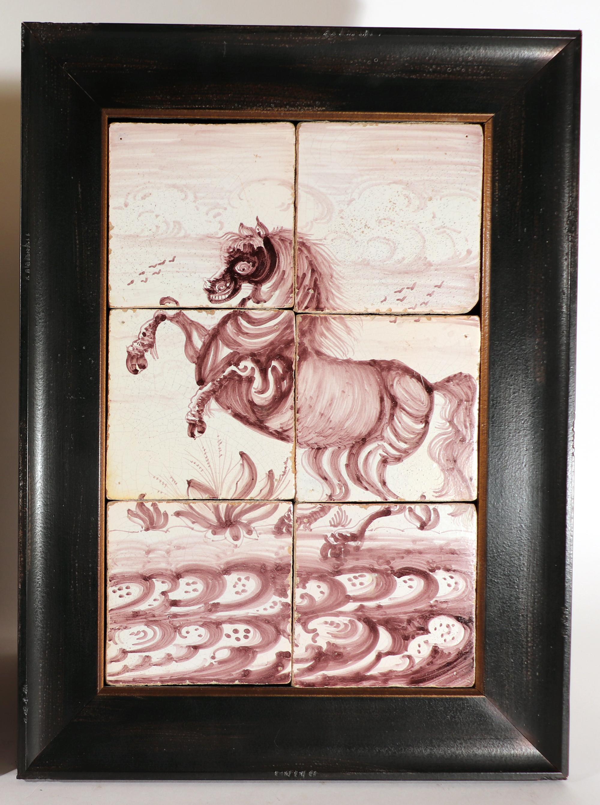 Georgian 18th Century Rotterdam Dutch Delft Tiles Framed Pictures of Rearing Horses For Sale