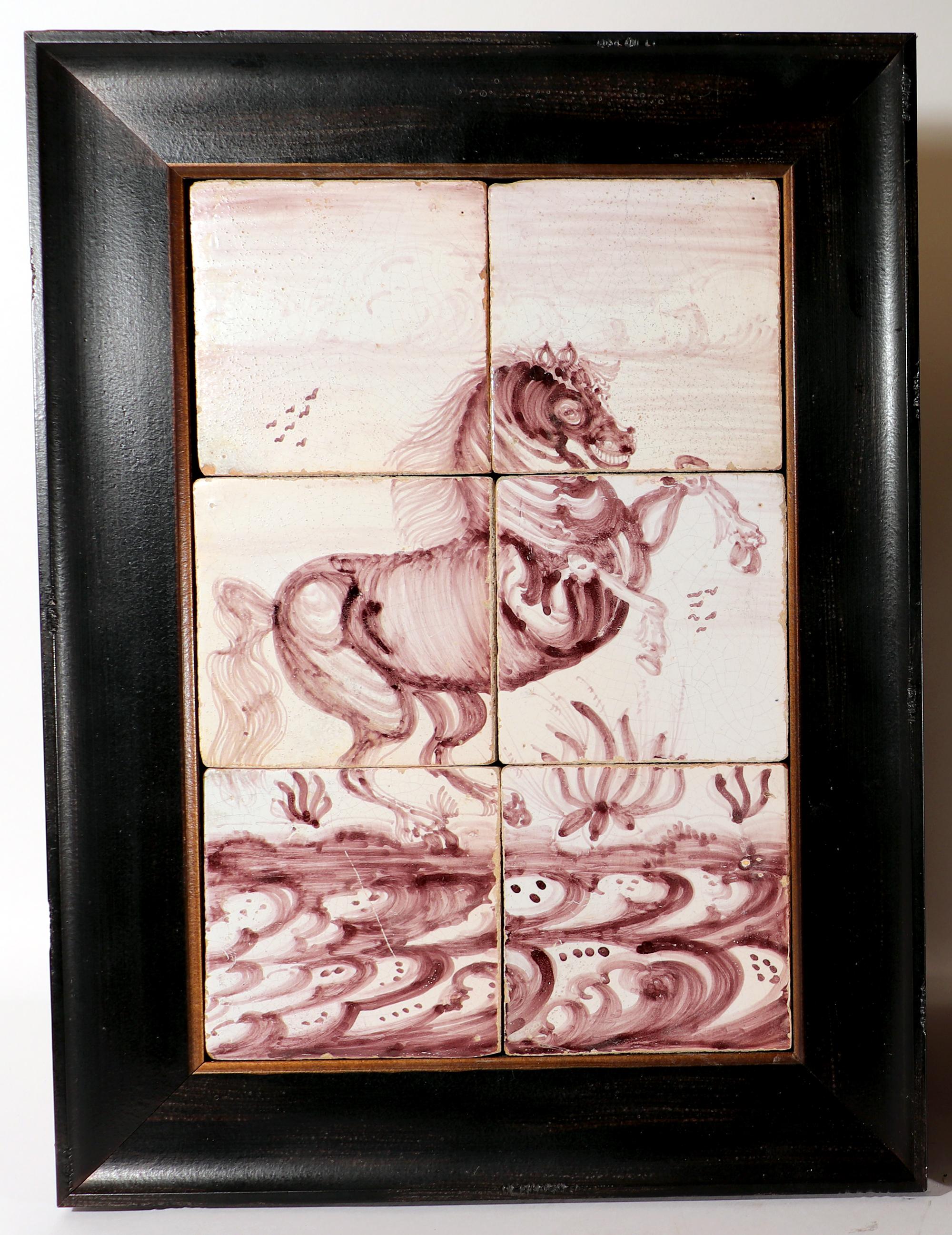 18th Century Rotterdam Dutch Delft Tiles Framed Pictures of Rearing Horses In Good Condition For Sale In Downingtown, PA
