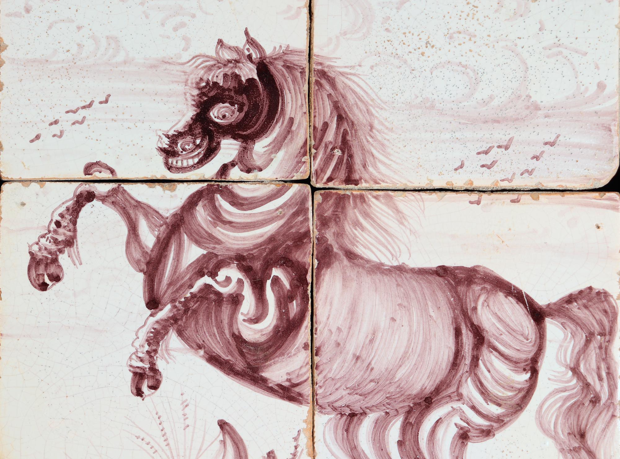 XVIIIe siècle Pictures of Rearing Horses of Rotterdam, encadrées de carreaux de Delft hollandais du 18ème siècle en vente