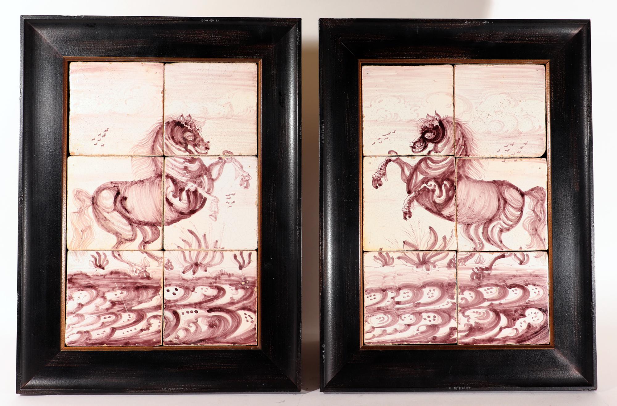 18th Century Rotterdam Dutch Delft Tiles Framed Pictures of Rearing Horses For Sale 4