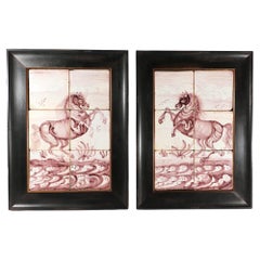18th Century Dutch Delft Tiles Framed Pictures of Rearing Horses