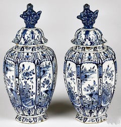 18th Century Dutch Delft Underglaze Blue & White Vases & Covers