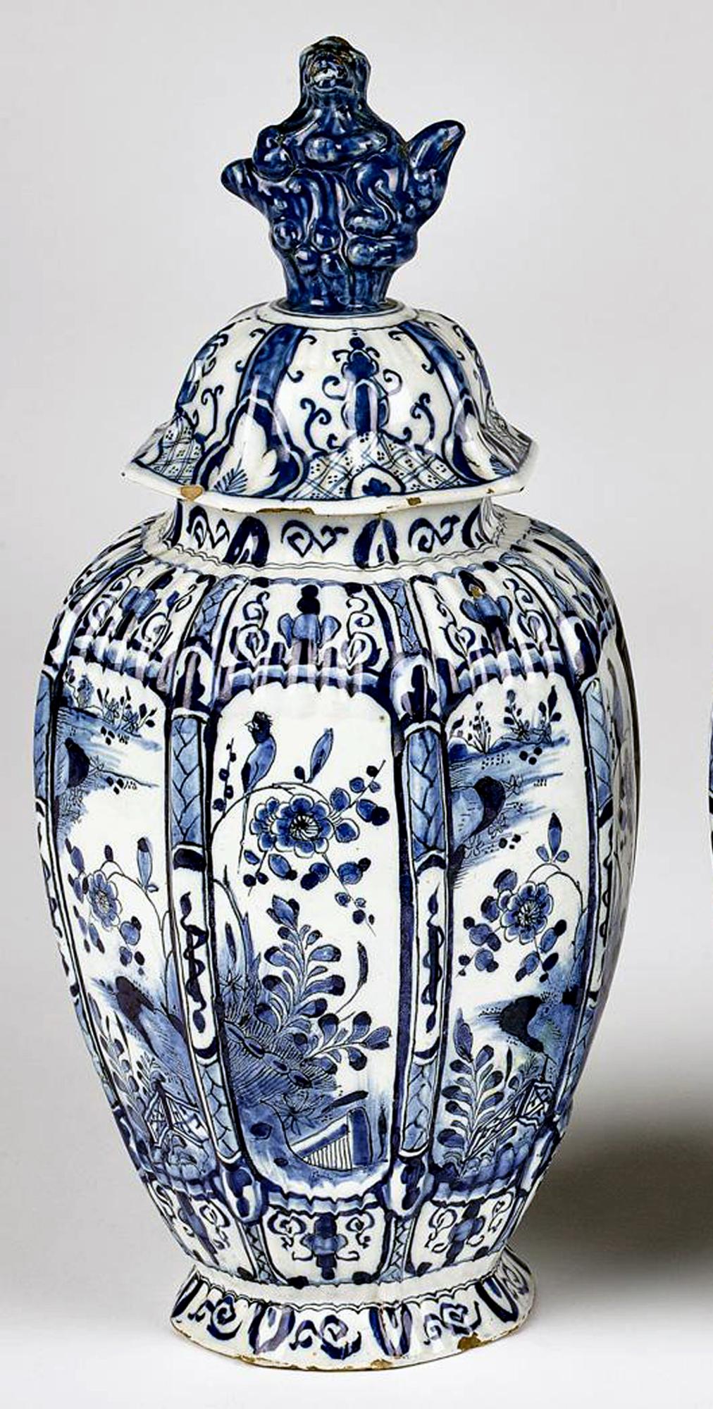 Georgian 18th Century Dutch Delft Underglaze Blue & White Vases & Covers For Sale