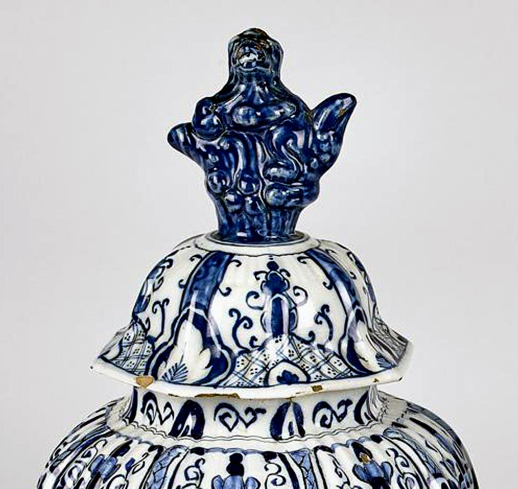 18th Century Dutch Delft Underglaze Blue & White Vases & Covers For Sale 2