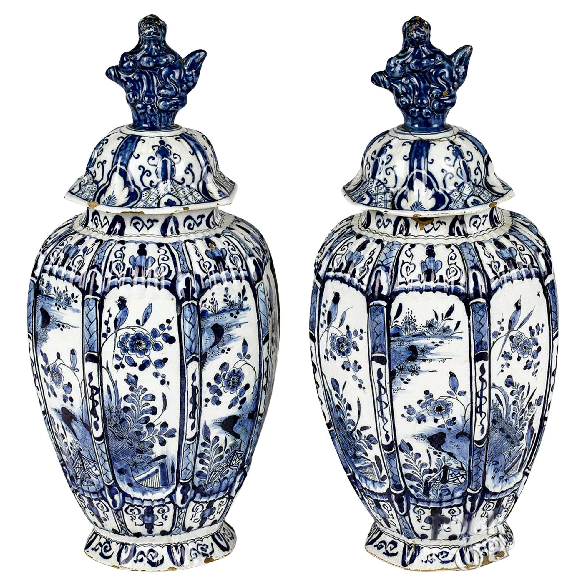 18th Century Dutch Delft Underglaze Blue & White Vases & Covers For Sale