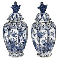 18th Century Dutch Delft Underglaze Blue & White Vases & Covers