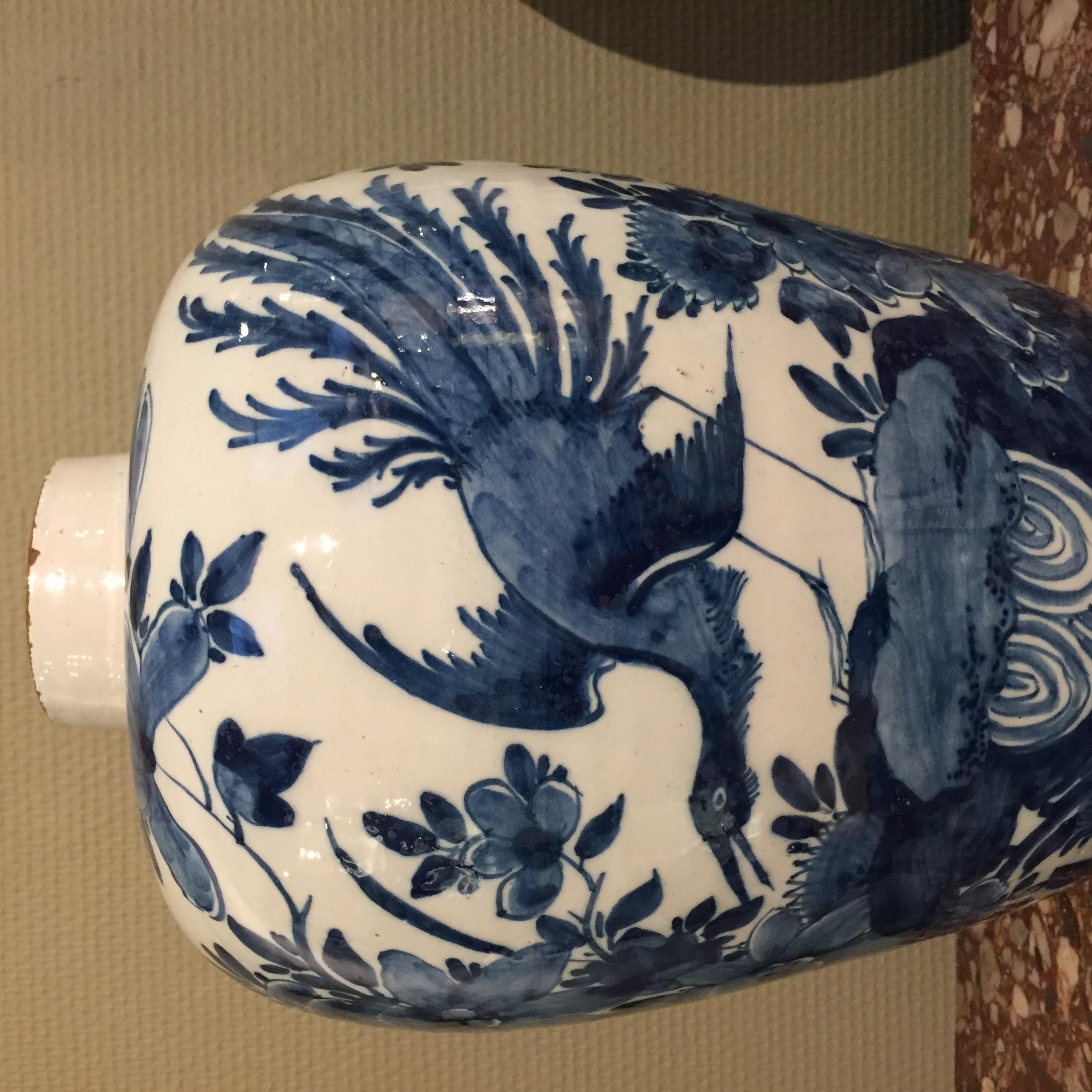 Hand-Painted 18th century Dutch Delft vase with Bird of Paradise