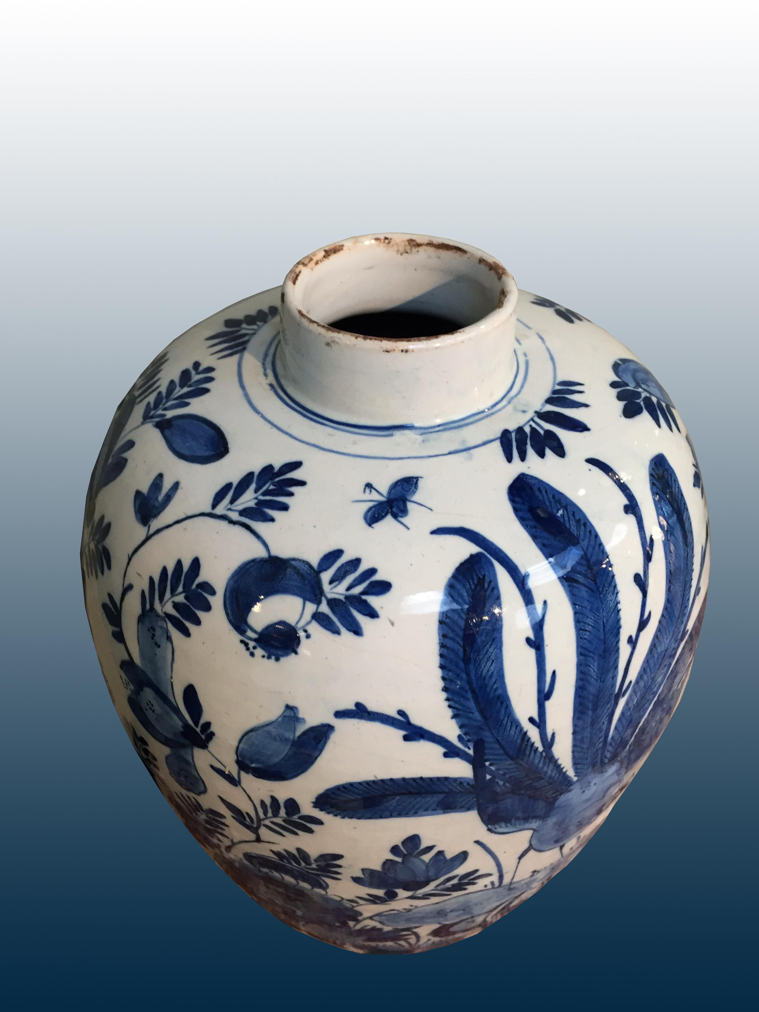 Ceramic 18th century Dutch Delft Vase with Peacock