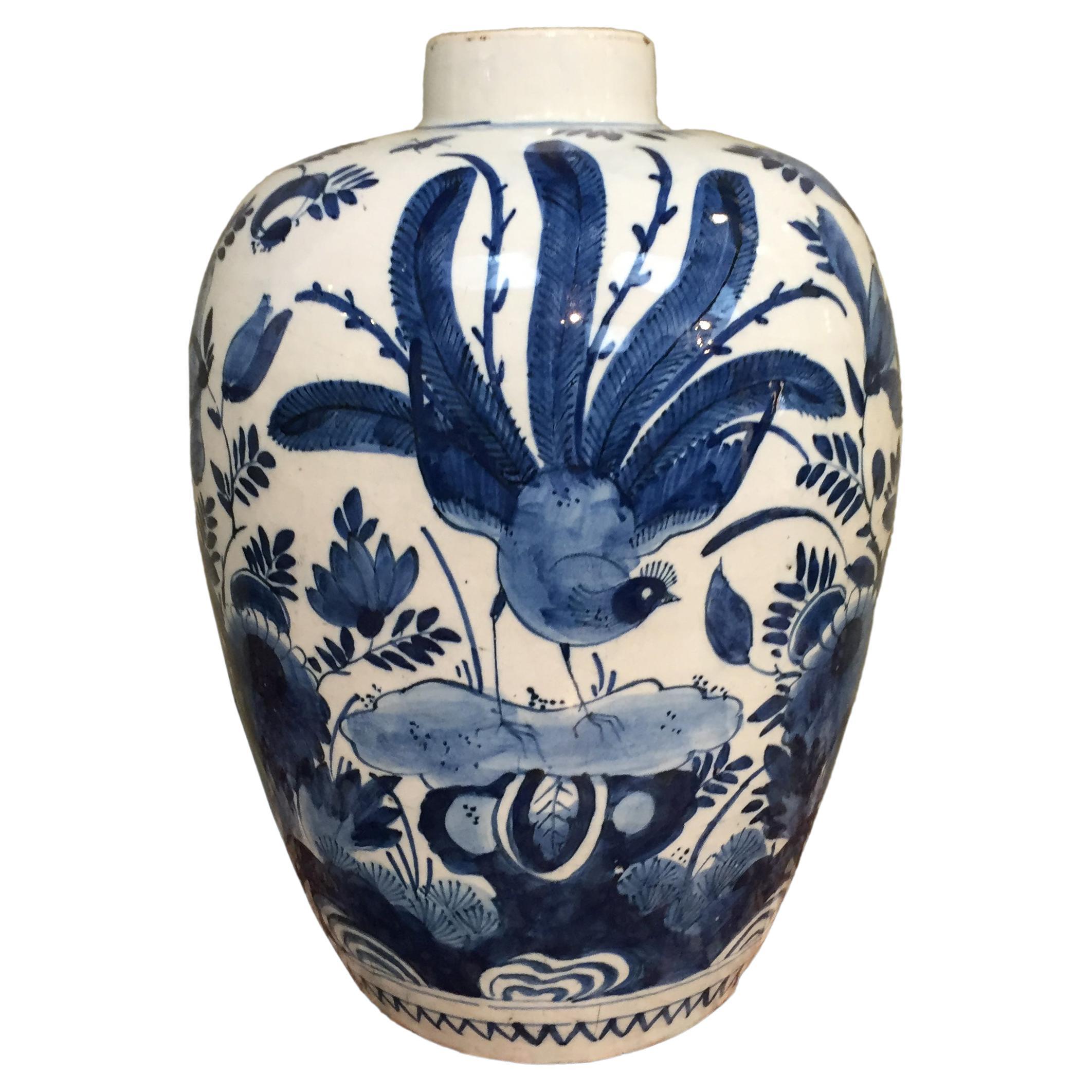 18th century Dutch Delft Vase with Peacock